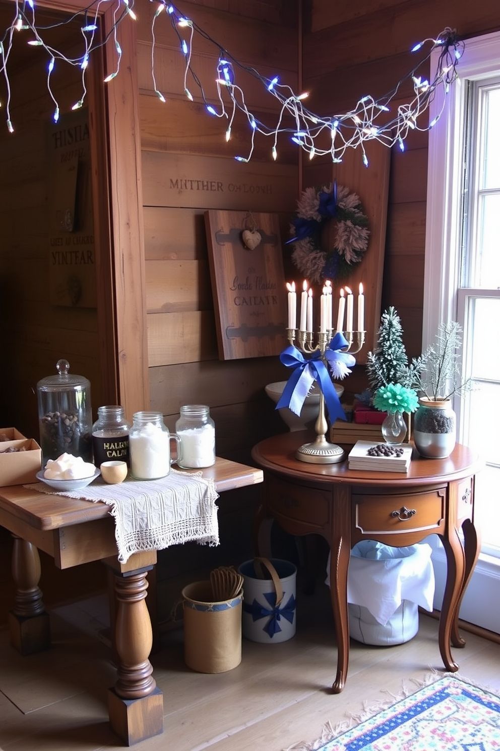 Set up a hot cocoa bar for guests. Include a rustic wooden table adorned with a cozy tablecloth and a variety of toppings such as whipped cream, marshmallows, and chocolate shavings in decorative jars. Attic Hanukkah decorating ideas should feature a warm and inviting atmosphere. Hang blue and silver string lights from the ceiling, and place a beautifully decorated menorah on a vintage side table surrounded by festive decor.