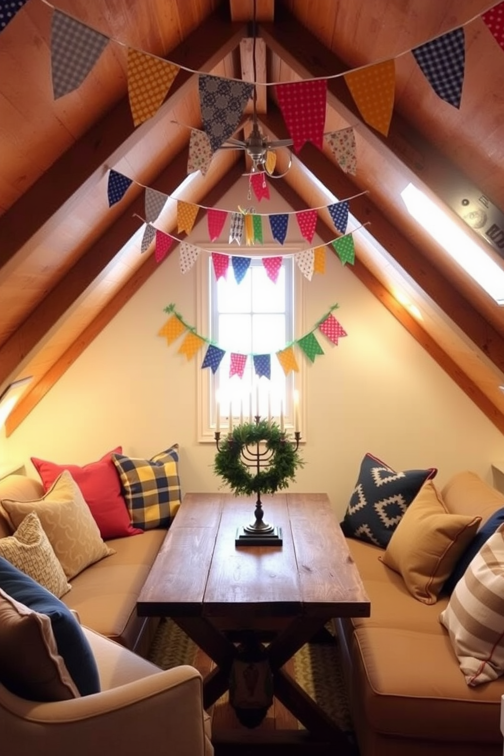 Create a cozy attic space decorated for Hanukkah. Use colorful fabric bunting strung across the ceiling to add a cheerful touch to the festive atmosphere. Incorporate traditional elements like a menorah placed on a rustic wooden table. Surround the table with comfortable seating and add warm lighting to enhance the inviting ambiance.