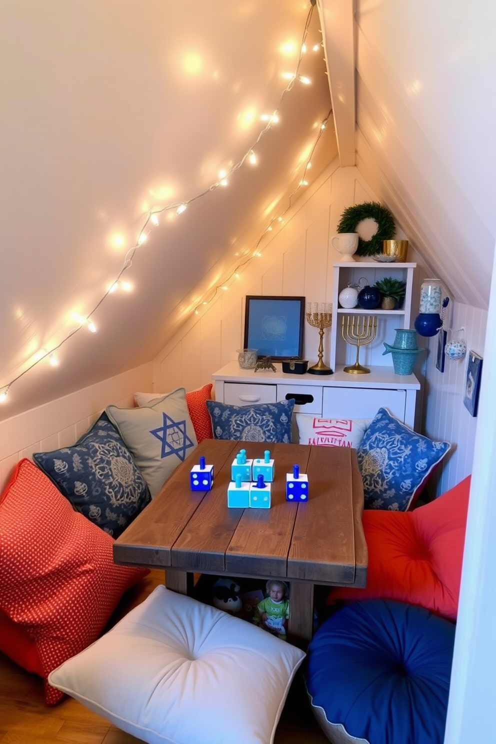 A cozy attic space transformed for Hanukkah celebrations. The room features a playful dreidel game station set up on a rustic wooden table surrounded by colorful cushions. Soft string lights drape across the sloped ceiling, casting a warm glow. Festive decorations, including blue and silver ornaments, adorn the walls alongside a menorah placed on a nearby shelf.