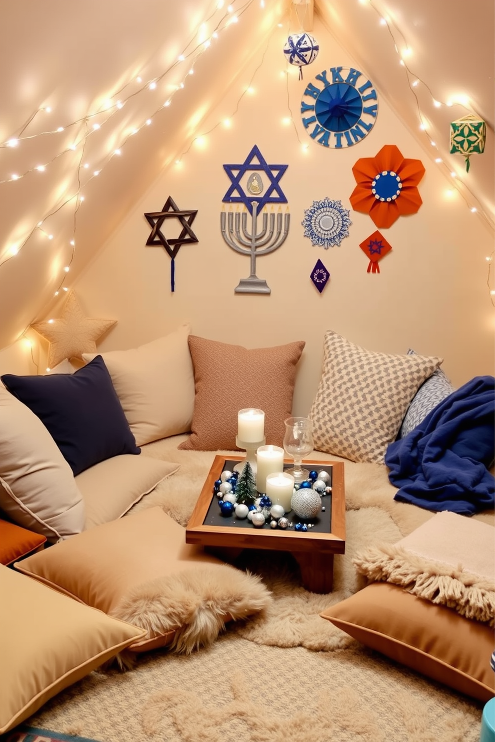 Create a cozy corner with floor cushions in soft, warm tones. Surround the area with plush throws and a low wooden table topped with candles and festive decorations. For Attic Hanukkah decorating ideas, envision a space filled with twinkling string lights and traditional blue and silver accents. Adorn the walls with handmade menorahs and vibrant dreidels, creating a welcoming atmosphere for celebration.