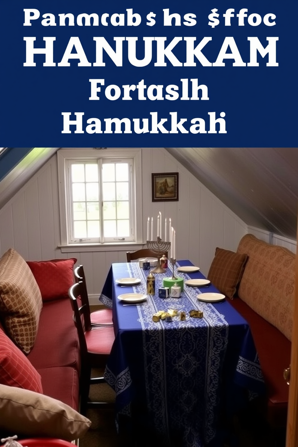 A cozy attic space is transformed for Hanukkah celebrations with a festive table set for games. The table is adorned with a vibrant blue and white tablecloth, surrounded by comfortable seating, and decorated with menorahs and dreidels.