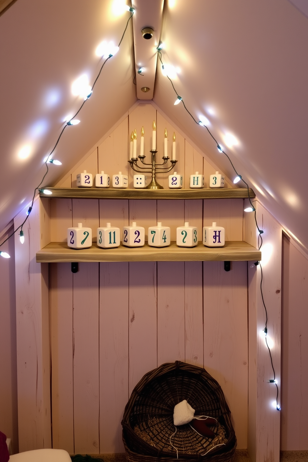 A cozy attic space decorated for Hanukkah features traditional dreidels arranged on a rustic wooden shelf. Soft blue and white string lights illuminate the area, creating a warm and inviting atmosphere for family gatherings.