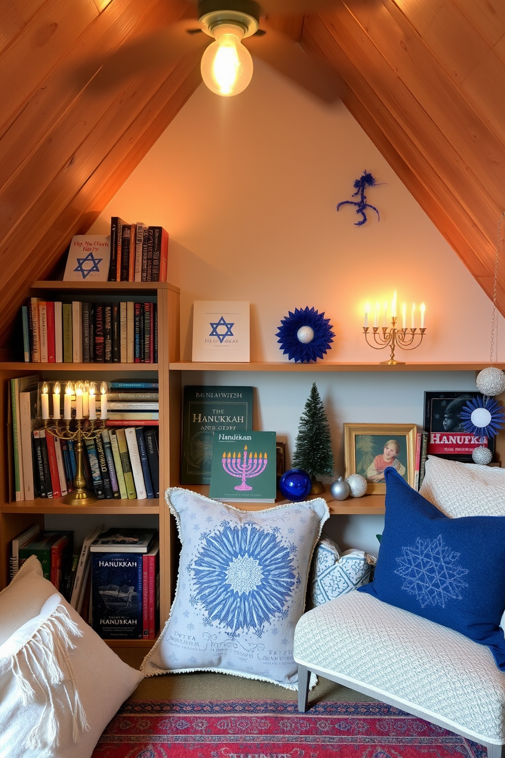 A cozy attic space is transformed into a festive Hanukkah reading nook. Shelves lined with a collection of Hanukkah books are adorned with decorative menorahs and blue and silver accents. Soft, warm lighting creates an inviting atmosphere, highlighting the unique decorations. Vintage textiles and handmade ornaments add a personal touch to the holiday decor.