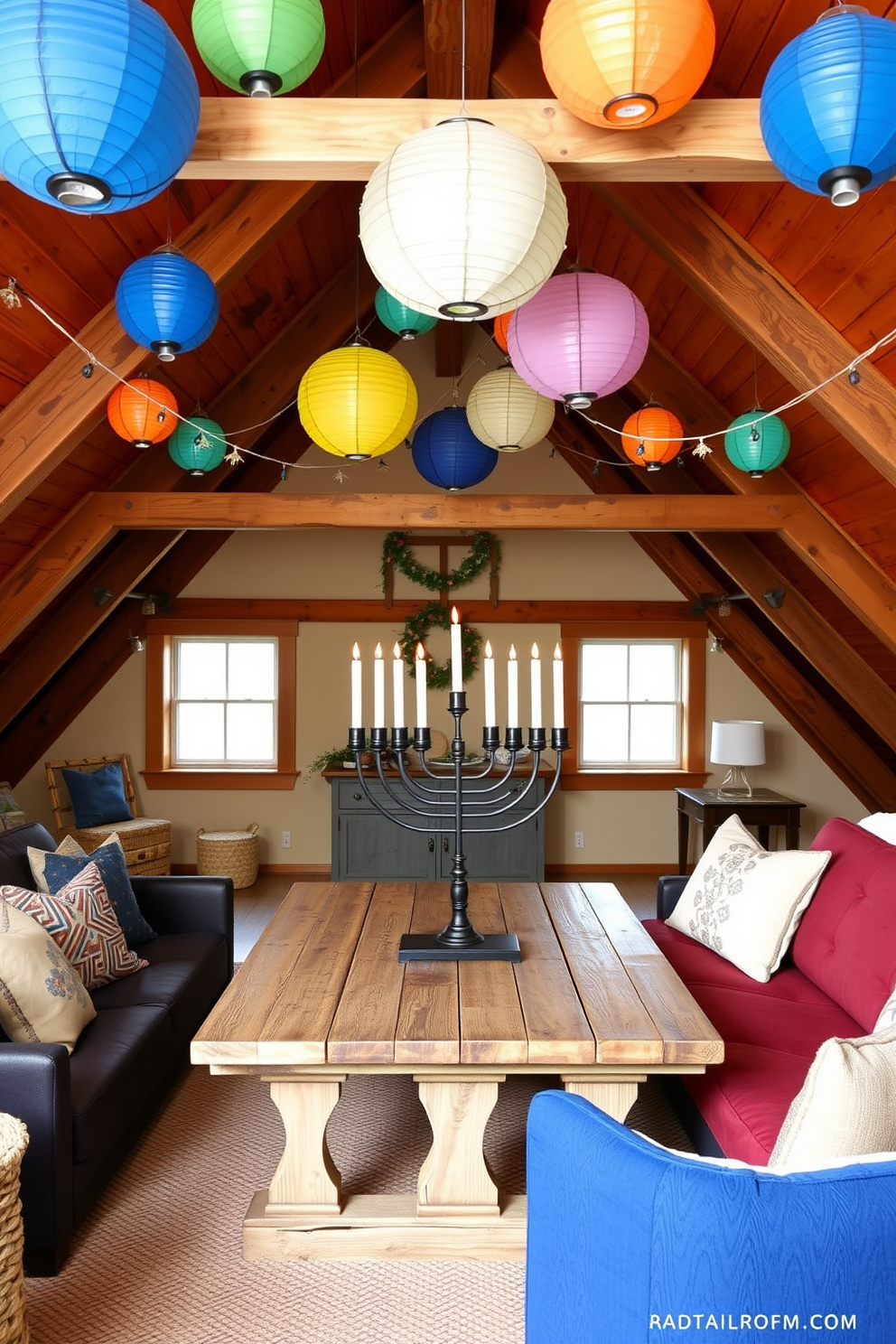 Create a cozy attic space decorated for Hanukkah. Hang colorful paper lanterns from the beams to create a festive ambiance, and place a large menorah on a rustic wooden table surrounded by comfortable seating.