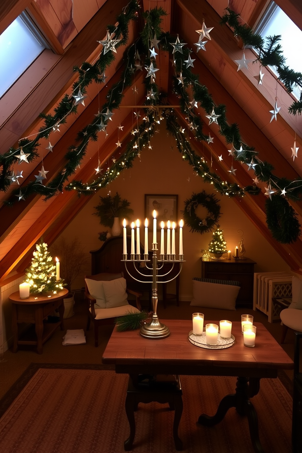 A cozy attic space adorned for Hanukkah with garlands of stars hanging from the beams. A beautifully arranged menorah sits on a rustic wooden table surrounded by soft, warm lighting and festive decorations.