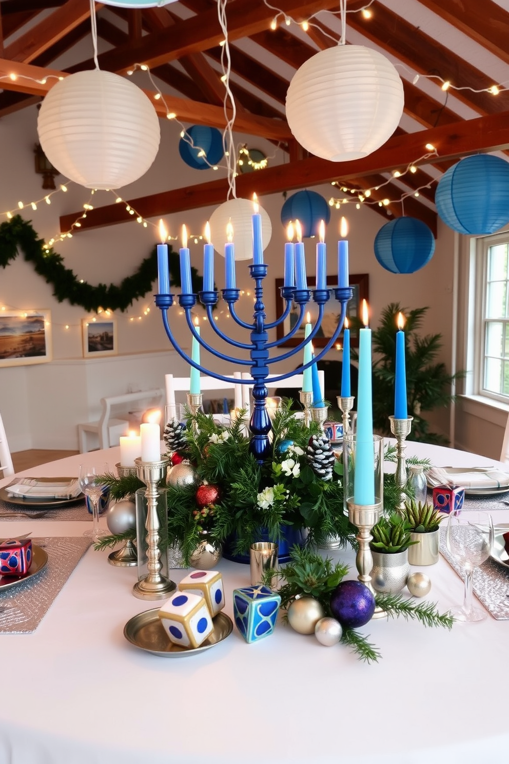 A festive table setting centerpiece featuring a large blue and silver menorah at the center. Surrounding the menorah are decorative dreidels and a variety of colorful candles in elegant holders. The table is adorned with a white tablecloth and shimmering silver table runners. Fresh greenery and small potted plants add a touch of nature alongside festive ornaments and sparkling lights. Attic Hanukkah decorating ideas include draping string lights along the beams for a warm glow. Hang paper lanterns in shades of blue and white to create a cheerful atmosphere throughout the space.