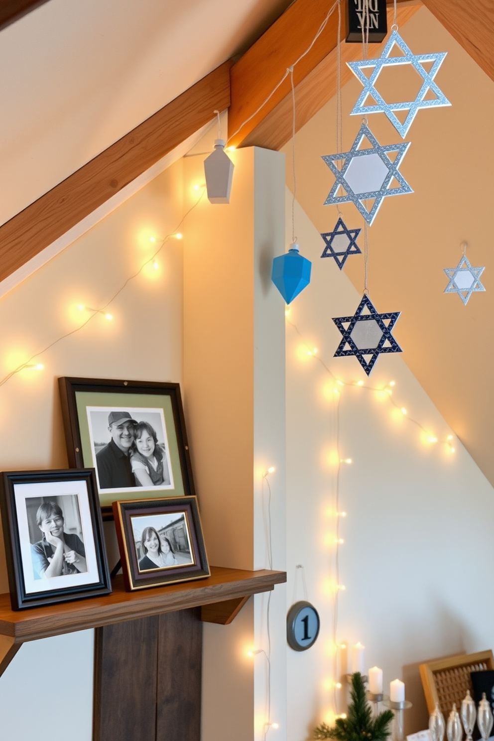 Display framed family Hanukkah photos on a rustic wooden shelf in the attic. The warm glow of string lights illuminates the space, creating a cozy and festive atmosphere. Incorporate handmade decorations such as paper dreidels and star of David ornaments hanging from the rafters. Use a soft blue and silver color palette to enhance the holiday spirit throughout the attic.