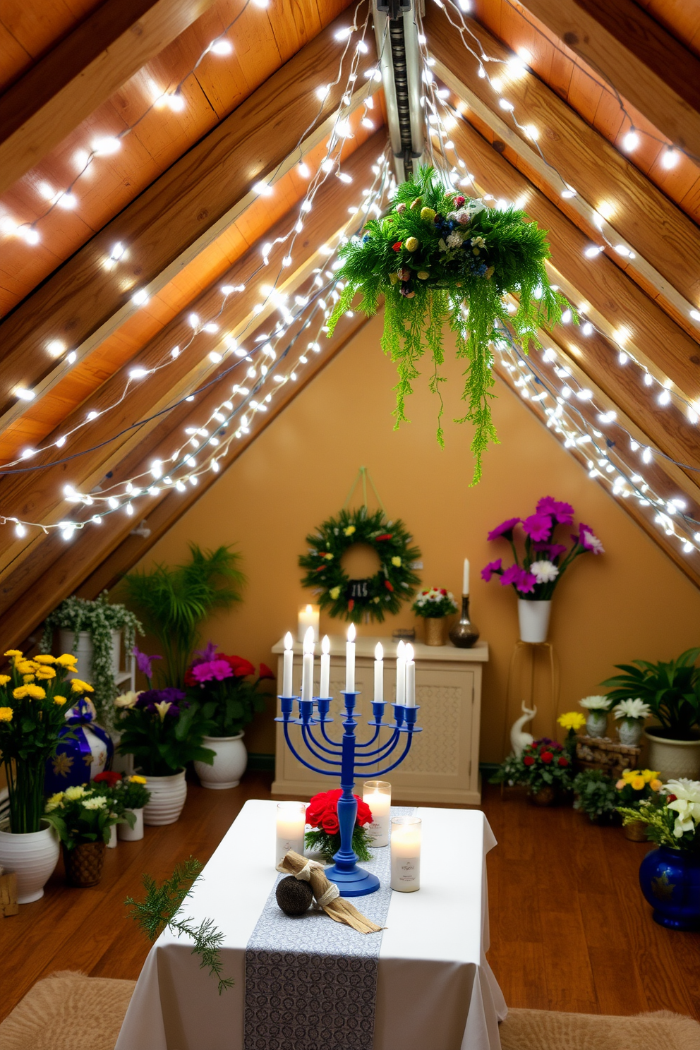 A cozy attic space adorned for Hanukkah festivities. Soft white string lights illuminate the room, draping over exposed wooden beams and creating a warm ambiance. Fresh greenery and vibrant flowers are arranged in decorative pots throughout the space. A beautifully set table features a blue and white menorah at the center, surrounded by festive candles and seasonal decorations.