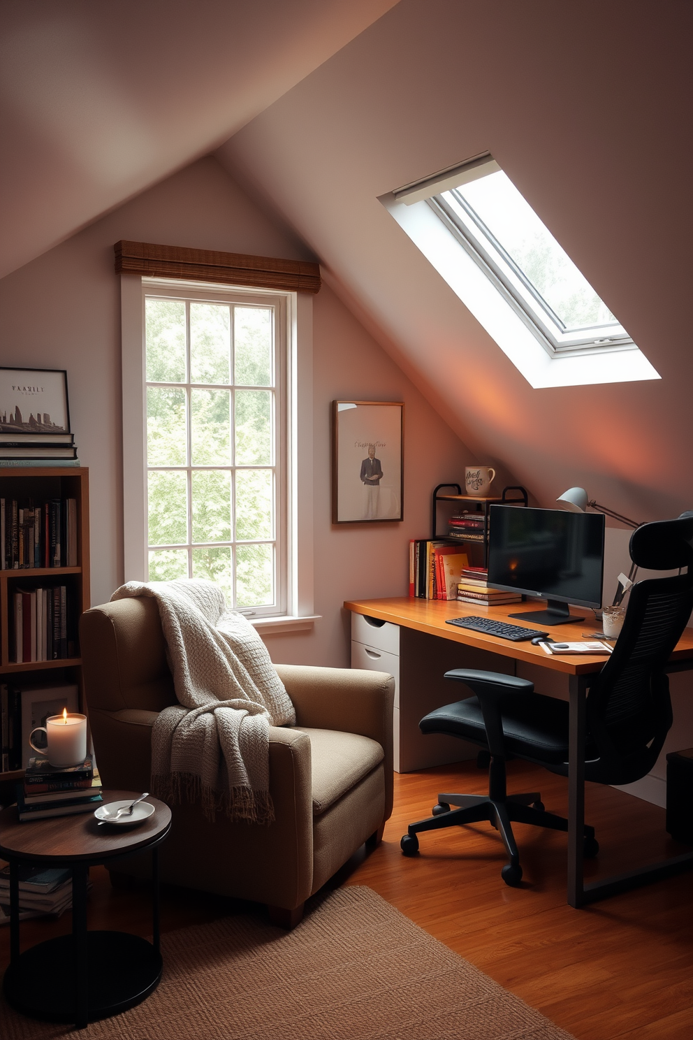 Cozy reading nook by the window. A plush armchair is positioned next to a large window, with a soft throw blanket draped over the arm. A small side table holds a steaming cup of tea and a stack of books. Warm, ambient lighting from a nearby floor lamp creates an inviting atmosphere. Attic Office Design Ideas. A sleek desk is placed under the sloped ceiling, with a comfortable ergonomic chair positioned in front of it. Natural light streams in through a skylight, illuminating the space filled with organized shelves and inspiring decor.