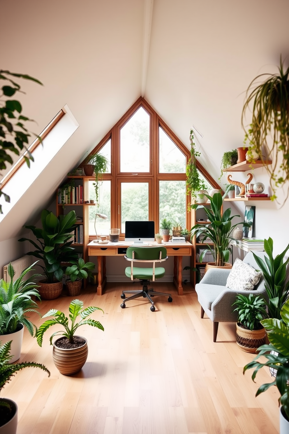 Indoor plants add a refreshing touch to any space while improving air quality. Consider a variety of greenery such as ferns, succulents, and snake plants placed strategically around the room. For the attic office design, envision a cozy workspace with sloped ceilings and large windows letting in natural light. Incorporate a wooden desk, a comfortable chair, and shelves filled with books and decorative items to create an inspiring environment.