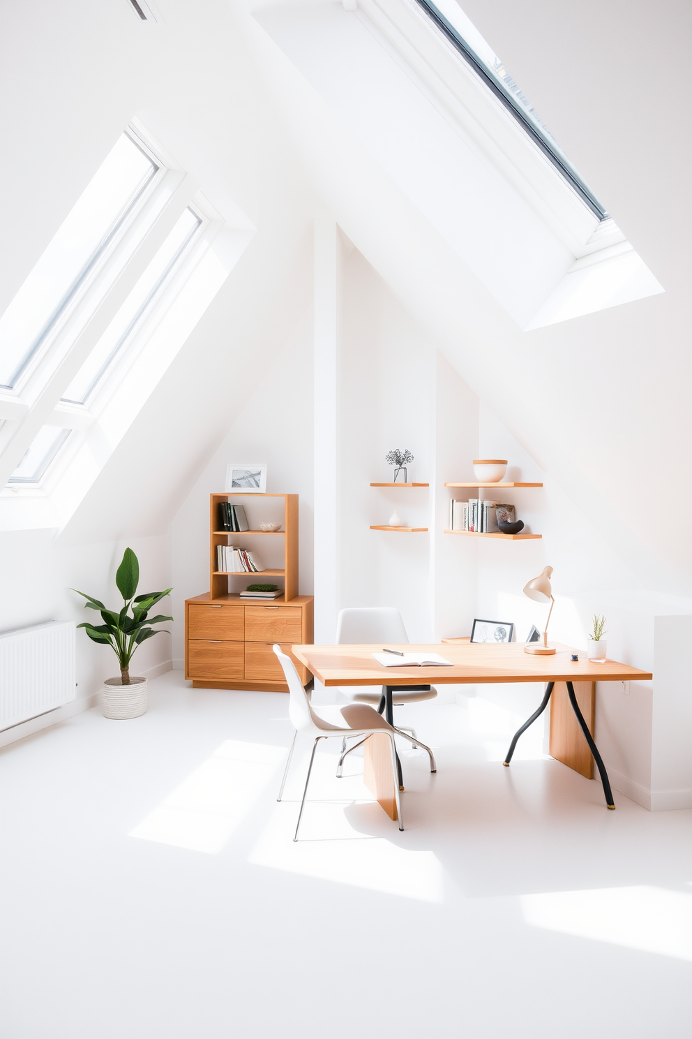 A bright and airy attic office space with minimalist decor emphasizing a clean look. Large skylights allow natural light to flood the room, highlighting a simple wooden desk with a sleek chair. The walls are painted in a crisp white, creating a fresh backdrop for a few carefully chosen decorative elements. A single potted plant adds a touch of greenery, while open shelving displays a curated selection of books and minimalist accessories.