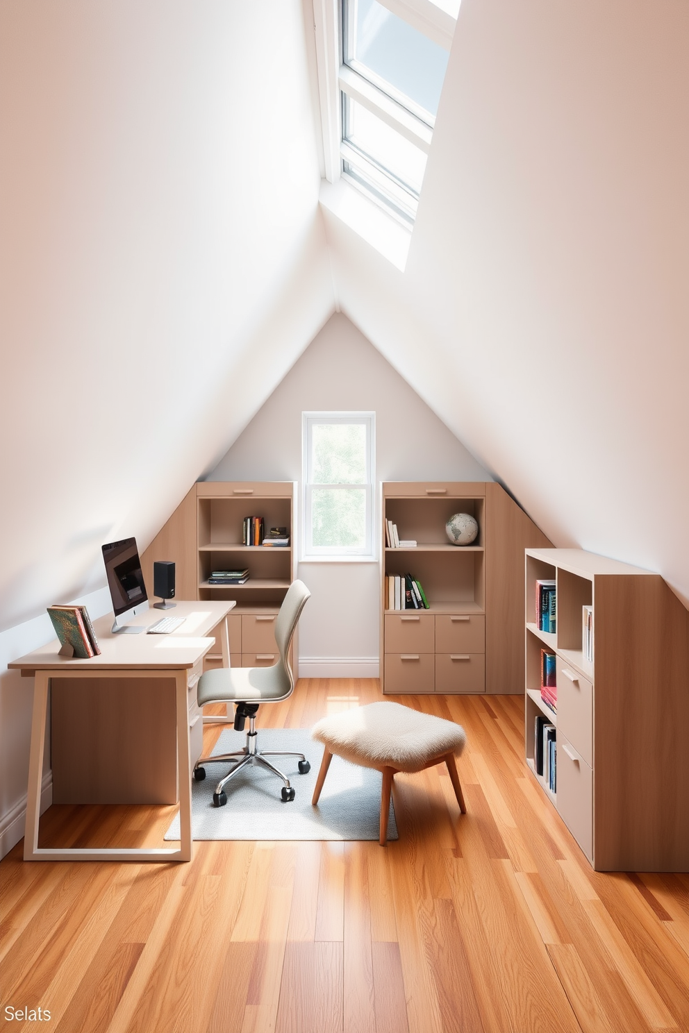 A modern attic office featuring multi-functional furniture that maximizes space and enhances productivity. The room includes a sleek desk that can be folded away, a comfortable chair that doubles as a storage unit, and shelves that integrate seamlessly into the sloped ceiling. Natural light floods the space through a large skylight, illuminating the warm wooden floors and soft neutral color palette. A cozy reading nook with a small bookshelf and a plush armchair creates an inviting atmosphere for relaxation and inspiration.