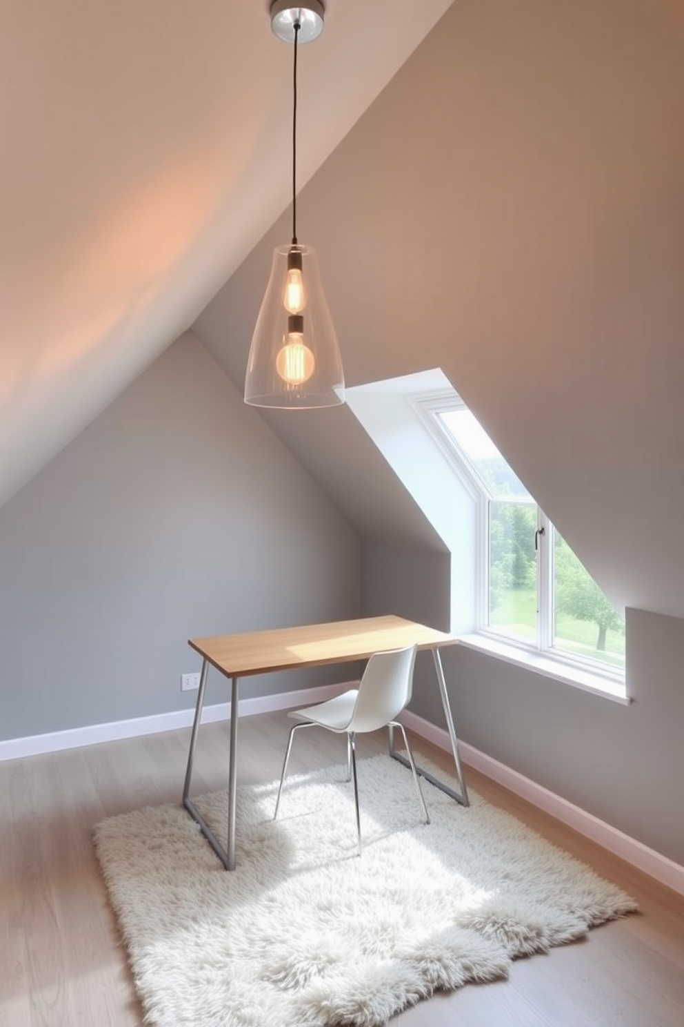 Bright pendant lighting hangs gracefully from the sloped ceiling, casting a warm glow over the cozy attic office space. The room features a sleek wooden desk positioned beneath a large window, offering ample natural light and a stunning view of the surroundings. The walls are painted in a soft gray, creating a calm atmosphere that enhances productivity. A plush area rug lies beneath the desk, adding texture and comfort to the space while complementing the modern aesthetic.