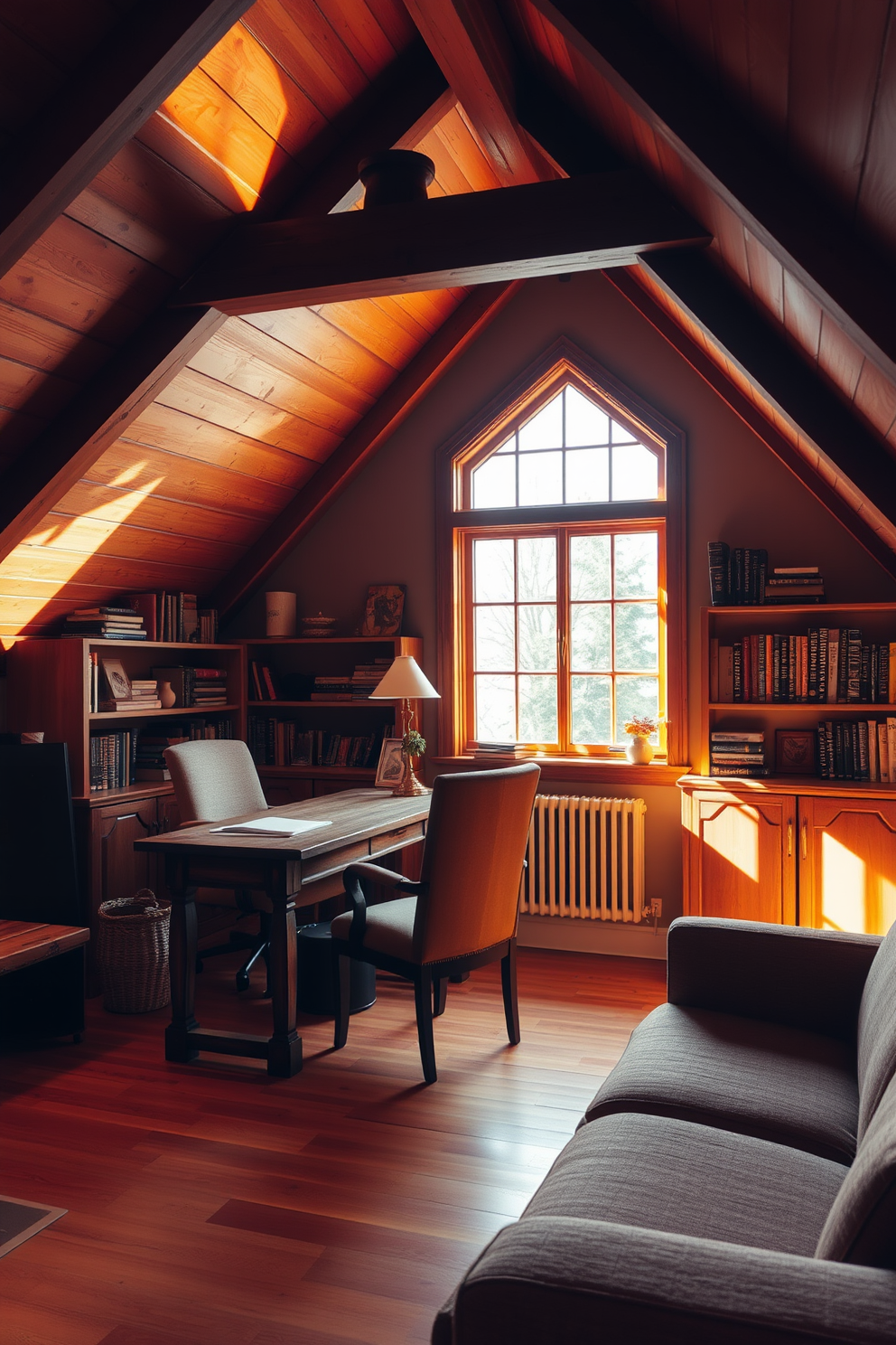 A cozy attic office setting bathed in warm lighting creates an inviting atmosphere. The room features a sloped ceiling with exposed wooden beams and a large window that allows natural light to pour in. A rustic wooden desk is positioned near the window, complemented by a comfortable upholstered chair. Shelves filled with books and decorative items line the walls, adding personality and warmth to the space.