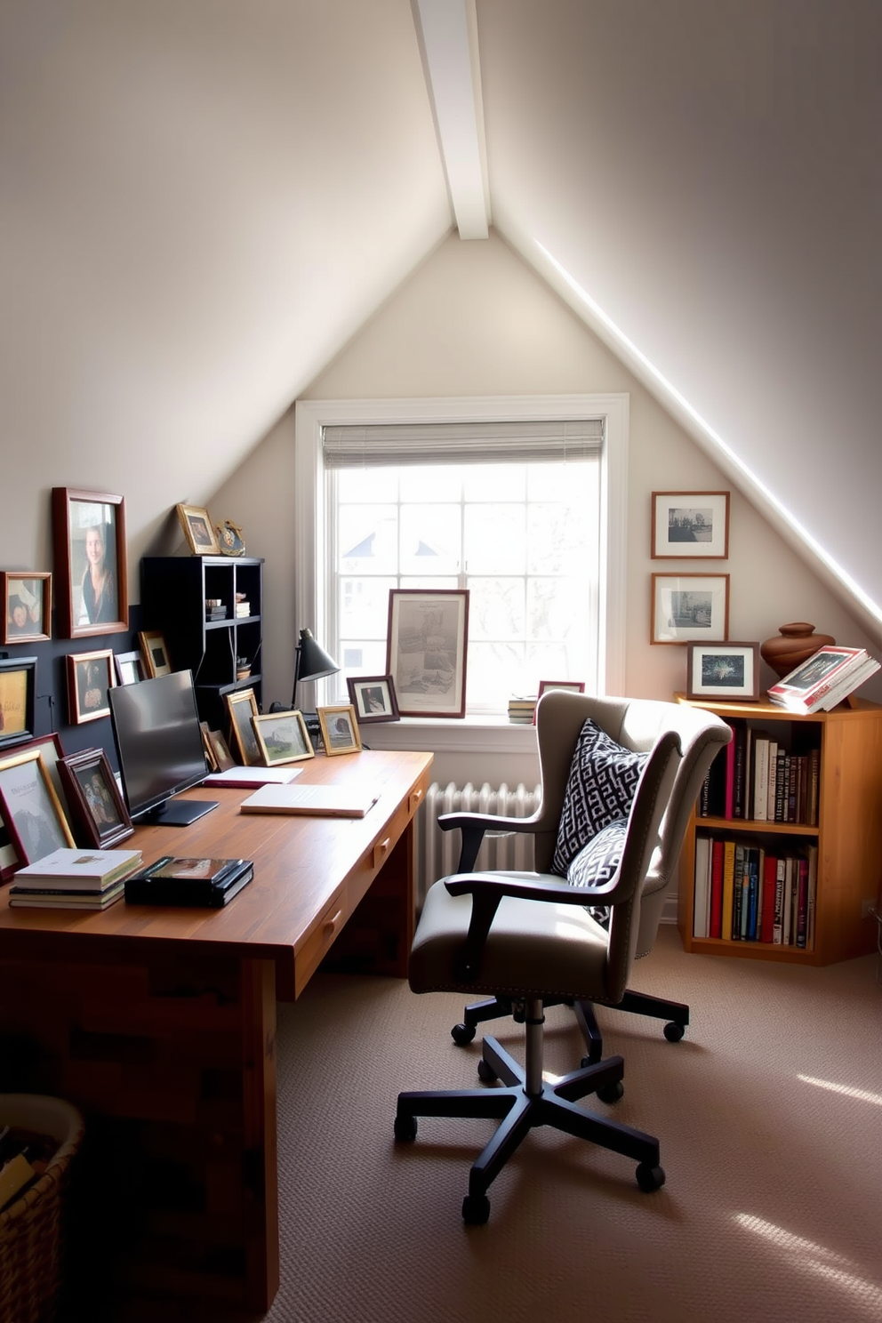 A personalized workspace filled with cherished photographs and mementos. The desk is made of reclaimed wood and faces a large window that allows natural light to flood the room. Attic office design ideas featuring sloped ceilings and cozy nooks. A comfortable reading chair is placed beside a small bookshelf, creating an inviting corner for inspiration.