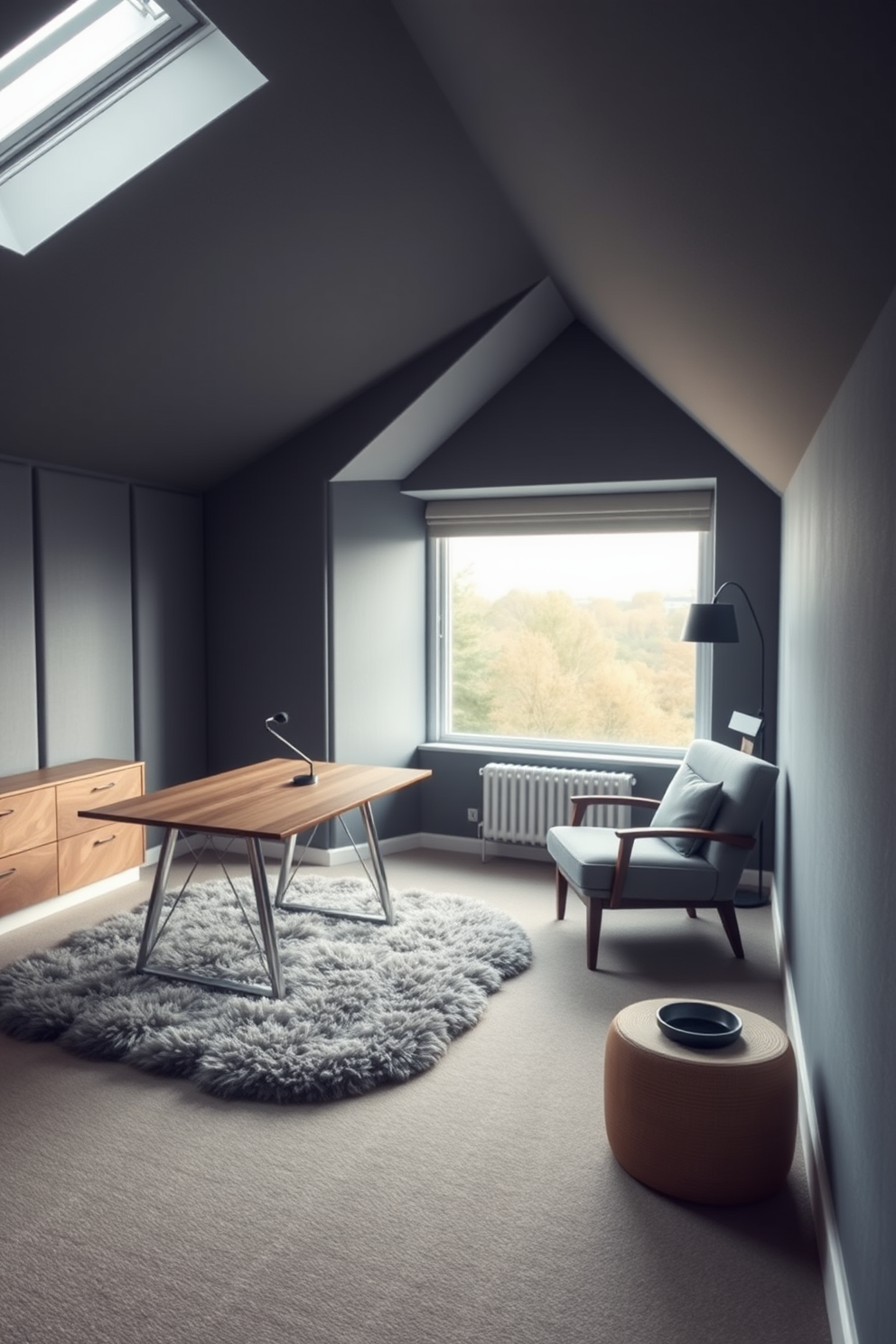 A serene attic office space designed for optimal soundproofing. The walls are lined with acoustic panels in soft gray, and a plush area rug absorbs sound while providing comfort. A sleek wooden desk is positioned by a large window, offering natural light and a view. A cozy reading nook with a comfortable chair and bookshelf adds warmth to the environment.