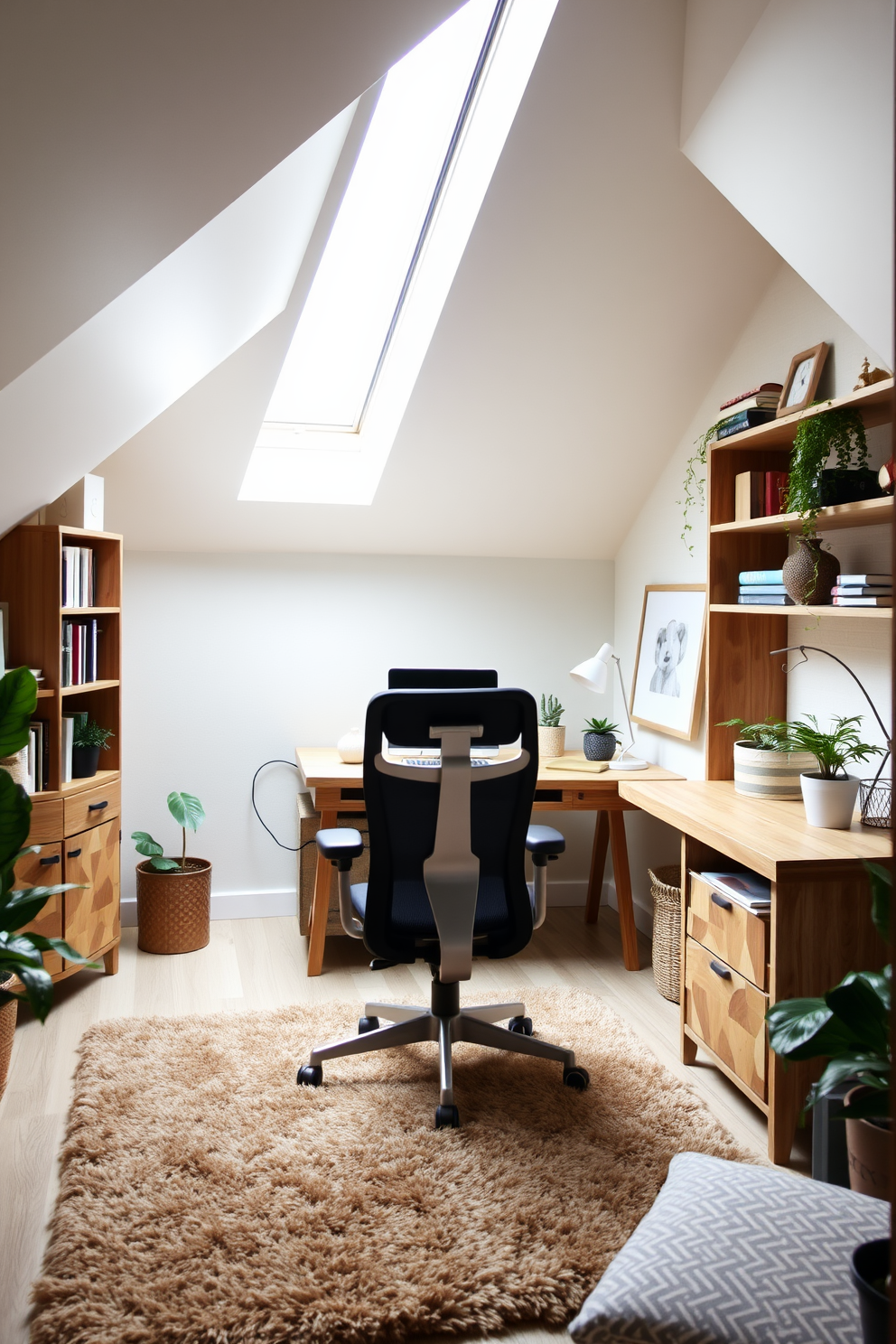 Create a cozy attic office space featuring an ergonomic chair designed for comfort and support. The room is filled with natural light from a skylight, and the walls are painted in a soft, calming color to enhance focus and creativity. Incorporate a stylish desk made of reclaimed wood, paired with ample shelving for books and decor. Add a plush area rug to define the workspace and create a warm atmosphere, complemented by indoor plants for a touch of greenery.