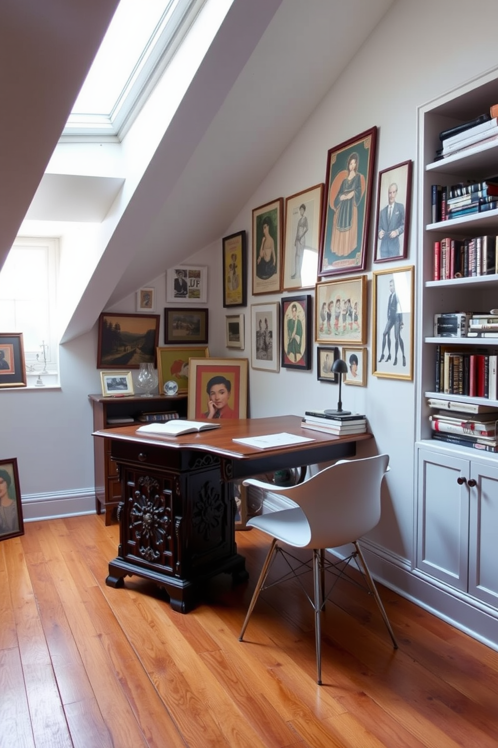 A vintage wooden desk with intricate carvings sits in the center of the room, complemented by a sleek modern chair with a minimalist design. Natural light pours in through a skylight, illuminating the space and highlighting the warm tones of the wooden floor. The walls are adorned with a mix of vintage art and contemporary prints, creating an eclectic yet harmonious atmosphere. Shelves filled with books and decorative items line the slanted walls, adding personality and charm to the attic office.