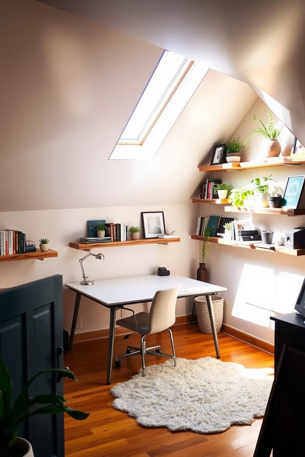 A cozy attic office space featuring floating shelves made of reclaimed wood for decorative storage. The shelves are adorned with books, plants, and personal artifacts, creating a warm and inviting atmosphere. Natural light streams in through a skylight, illuminating a sleek desk positioned beneath the sloped ceiling. A comfortable chair complements the desk, while a soft area rug adds texture to the wooden floor.