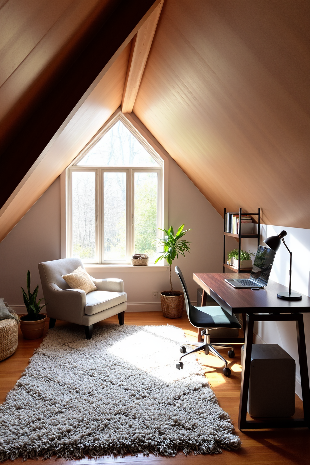 A cozy attic office space filled with natural light. The room features a sloped ceiling with exposed wooden beams and a large window that offers a view of the outdoors. A plush area rug anchors the seating area, which includes a comfortable armchair upholstered in soft, textured fabric. A sleek wooden desk sits against the wall, complemented by a stylish desk lamp and decorative shelving filled with books and plants.