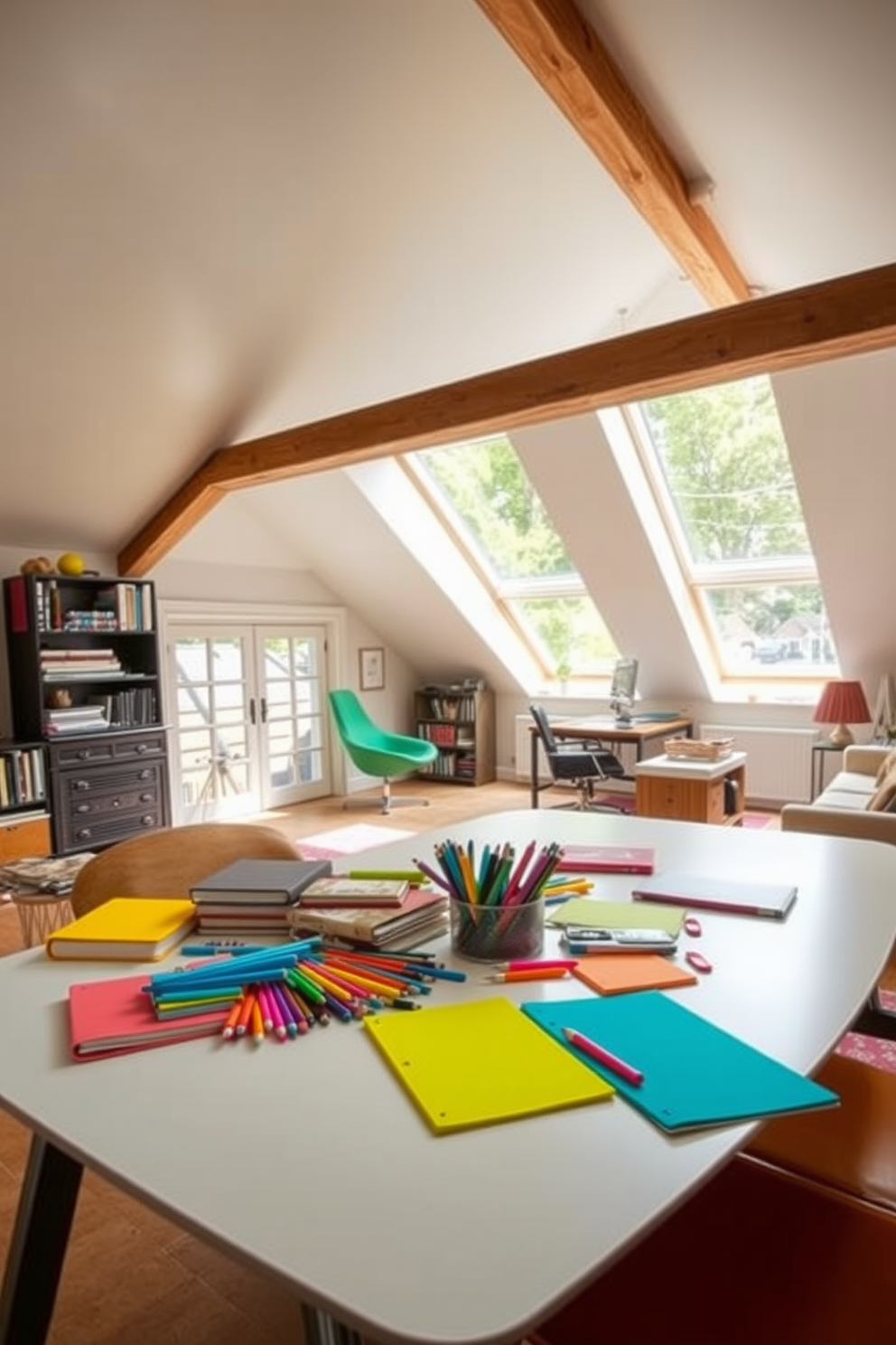 Colorful office supplies are scattered across a sleek modern desk, adding a playful touch to the workspace. Brightly colored notebooks, pens, and sticky notes create an inviting atmosphere, encouraging creativity and productivity. The attic office features sloped ceilings with exposed beams, creating a cozy yet stylish environment. Large windows allow natural light to flood the space, illuminating a mix of vintage and contemporary furniture for a unique design.