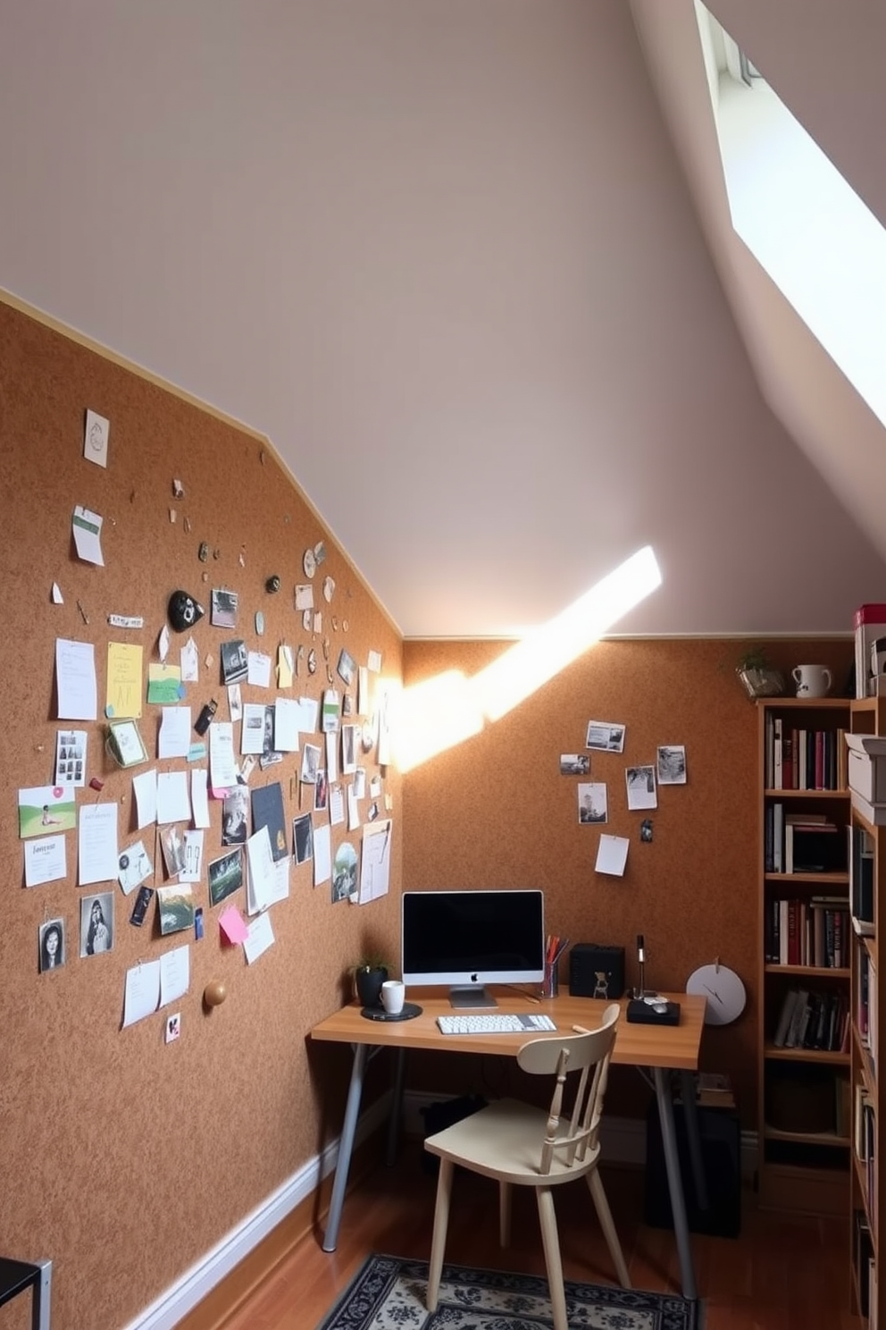 A corkboard wall serves as an inspiring backdrop for an attic office, combining functionality with creativity. The wall is filled with pinned notes, photos, and sketches, creating a dynamic and personalized workspace. The office features a cozy desk positioned under a slanted ceiling, with natural light streaming in from a skylight. Shelves filled with books and decorative items line the walls, adding warmth and character to the space.