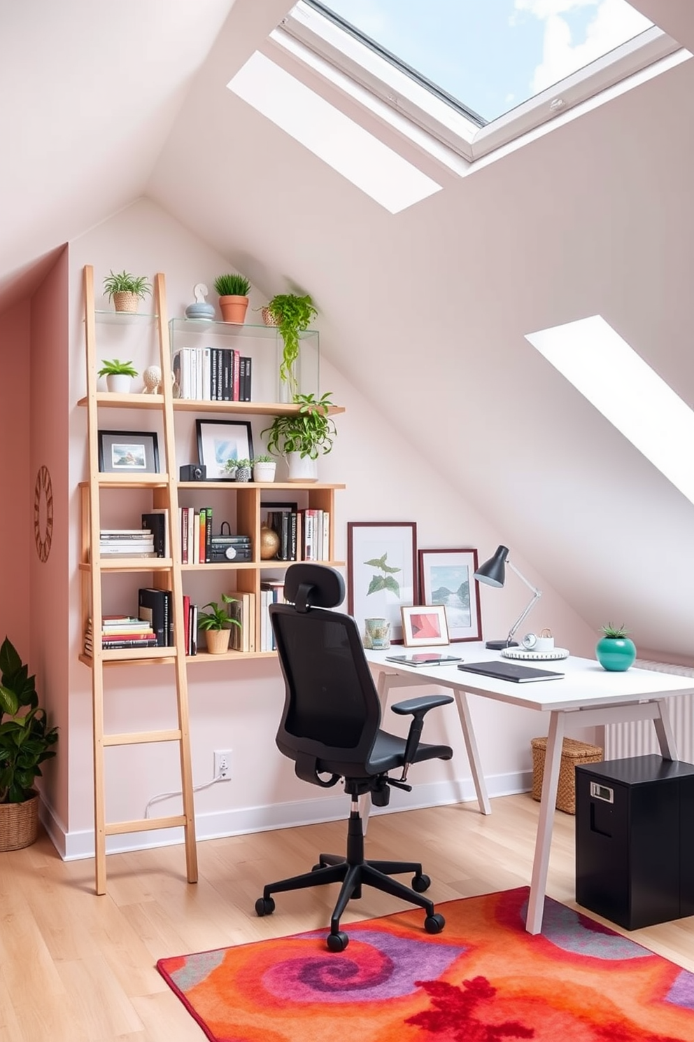 A stylish ladder shelf made of natural wood leans against a wall adorned with soft pastel colors. The shelves are filled with an array of decorative books, potted plants, and curated art pieces, creating an inviting and organized atmosphere. An attic office designed with a cozy and modern aesthetic features a sloped ceiling and large skylights that flood the space with natural light. A sleek desk positioned under the window is complemented by a comfortable ergonomic chair and a vibrant area rug that adds warmth to the room.