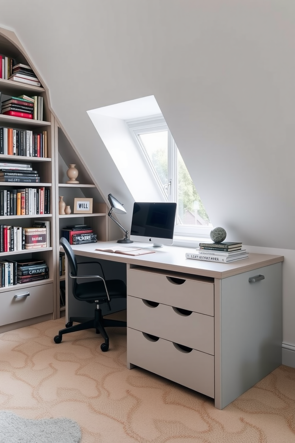 A stylish attic office featuring a sleek desk with storage drawers for optimal organization. The desk is positioned near a window, allowing natural light to illuminate the space, while bookshelves line the walls, filled with books and decorative items.