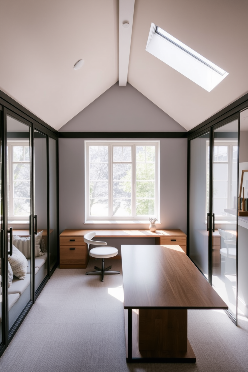 A bright and airy attic office with glass partitions that create an open feel. The space features a sleek wooden desk facing a large window, allowing natural light to flood in. On one side, a cozy reading nook is adorned with plush cushions and a small bookshelf. The walls are painted in a soft gray, complemented by warm wooden accents throughout the room.