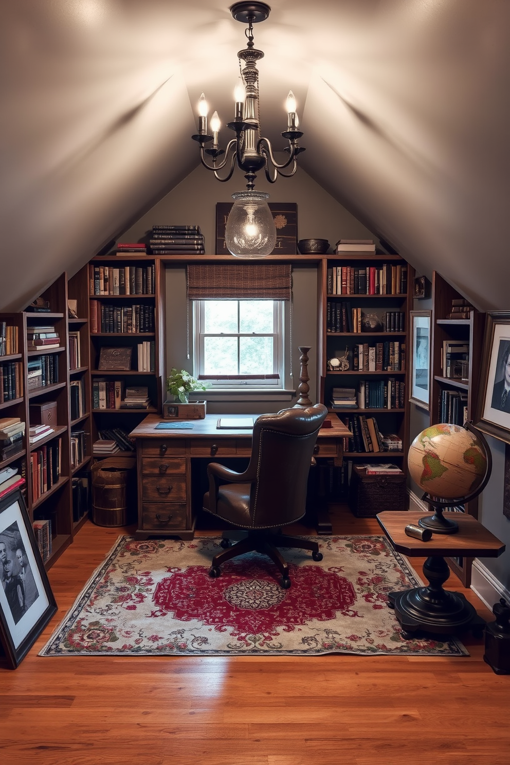 A cozy attic office designed with vintage accents. The space features a reclaimed wood desk paired with an antique leather chair, surrounded by bookshelves filled with classic novels and decorative items. Soft, ambient lighting is provided by a vintage chandelier hanging from the sloped ceiling. A weathered rug adds warmth to the hardwood floor, while framed art pieces and a globe complete the timeless aesthetic.