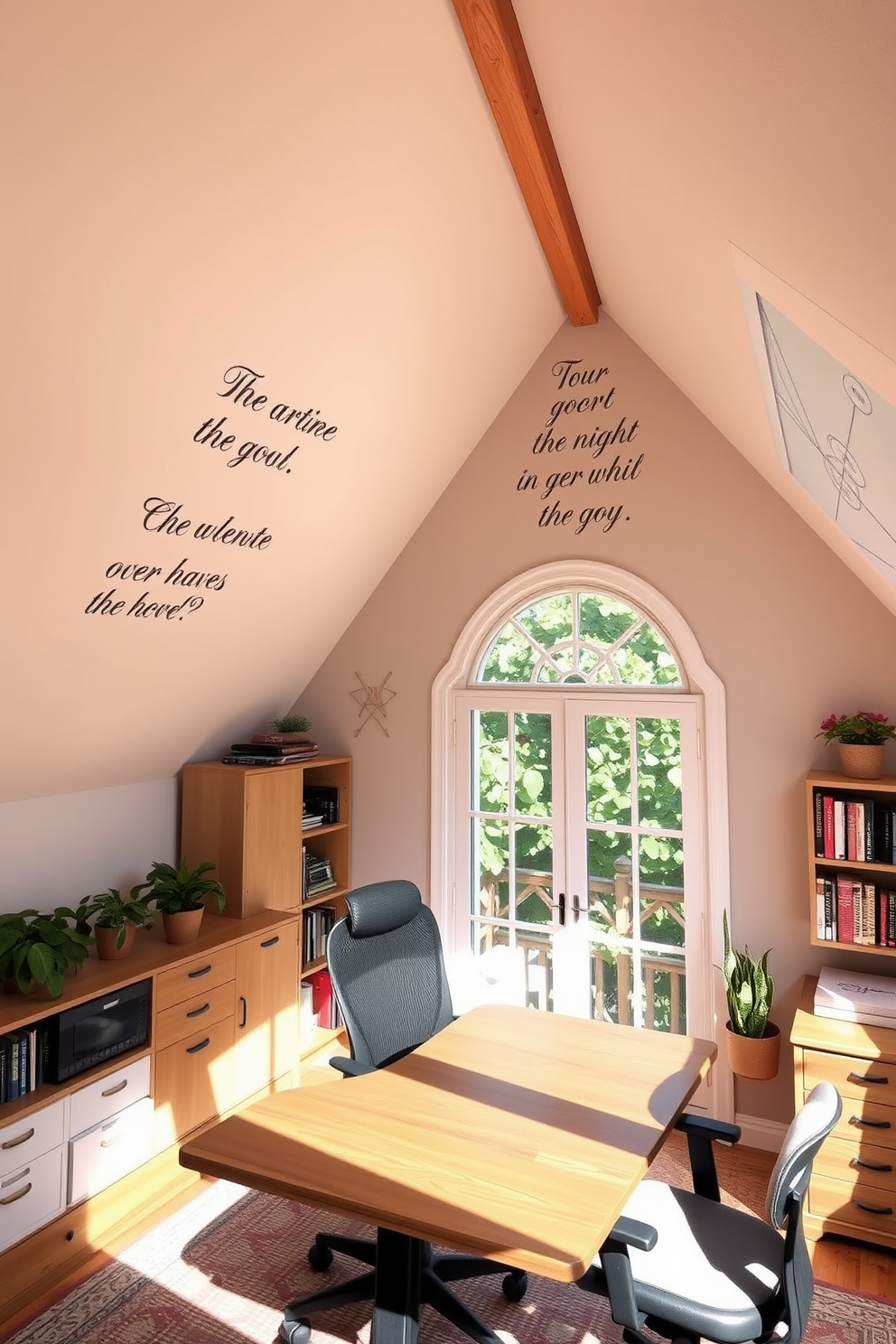 A cozy attic office filled with natural light. The walls are adorned with inspirational quotes in elegant typography, creating a motivating atmosphere. A large wooden desk sits beneath a sloped ceiling, complemented by a comfortable ergonomic chair. Shelves lined with books and plants add a touch of warmth and creativity to the space.