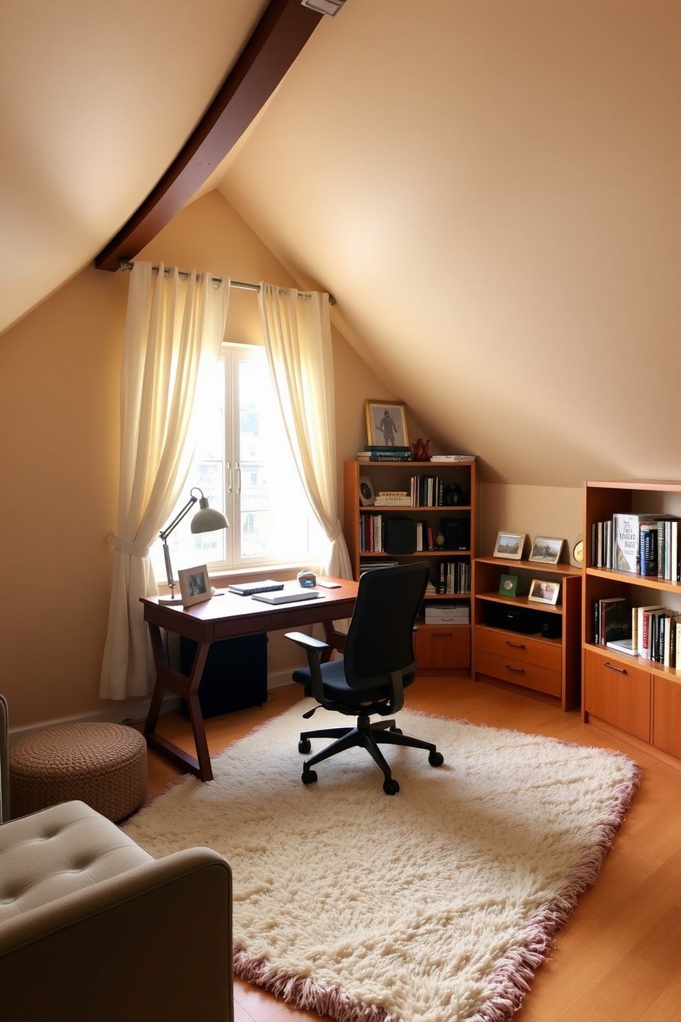 A cozy attic office space with soft curtains gently filtering natural light. The walls are painted in a warm beige tone, and a plush area rug adds comfort underfoot. A stylish wooden desk is positioned near a window, complemented by a comfortable ergonomic chair. Shelves filled with books and decorative items line the walls, creating an inviting and productive atmosphere.