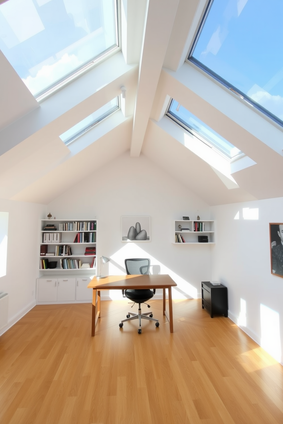 A bright and airy attic office space featuring large skylights that flood the room with natural light. The walls are painted in a soft white, and the flooring is a warm wood finish, creating a cozy yet professional atmosphere. The office includes a sleek wooden desk positioned under the skylights, complemented by an ergonomic chair. Shelves filled with books and decorative items line the walls, adding personality and functionality to the space.