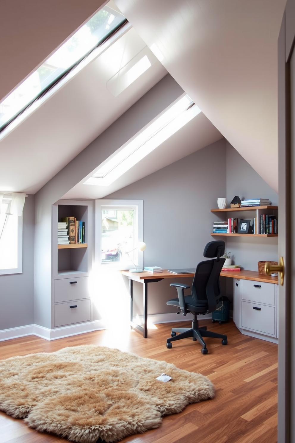 A cozy attic office space with sloped ceilings and large skylights that flood the room with natural light. The walls are painted in a soft gray, and a rustic wooden desk is positioned under the skylight, complemented by a comfortable ergonomic chair. Creative shelving units are built into the eaves, showcasing books and decorative items. A plush area rug in warm tones adds texture and comfort to the wooden floor, creating an inviting workspace.