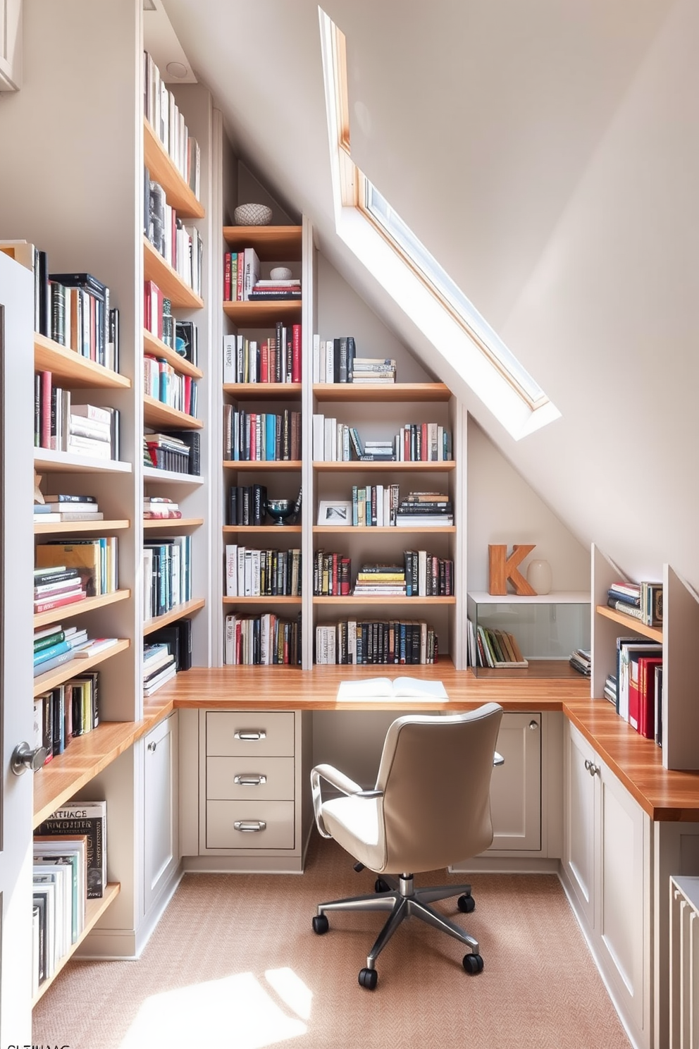 A cozy attic office features built-in bookshelves that maximize space efficiency while adding a touch of elegance. The shelves are filled with neatly arranged books and decorative items, creating an inspiring and organized workspace. Natural light floods the room through a skylight, illuminating a stylish desk positioned beneath it. A comfortable chair complements the wooden shelves, and the walls are painted in a soft, calming color to enhance focus and creativity.