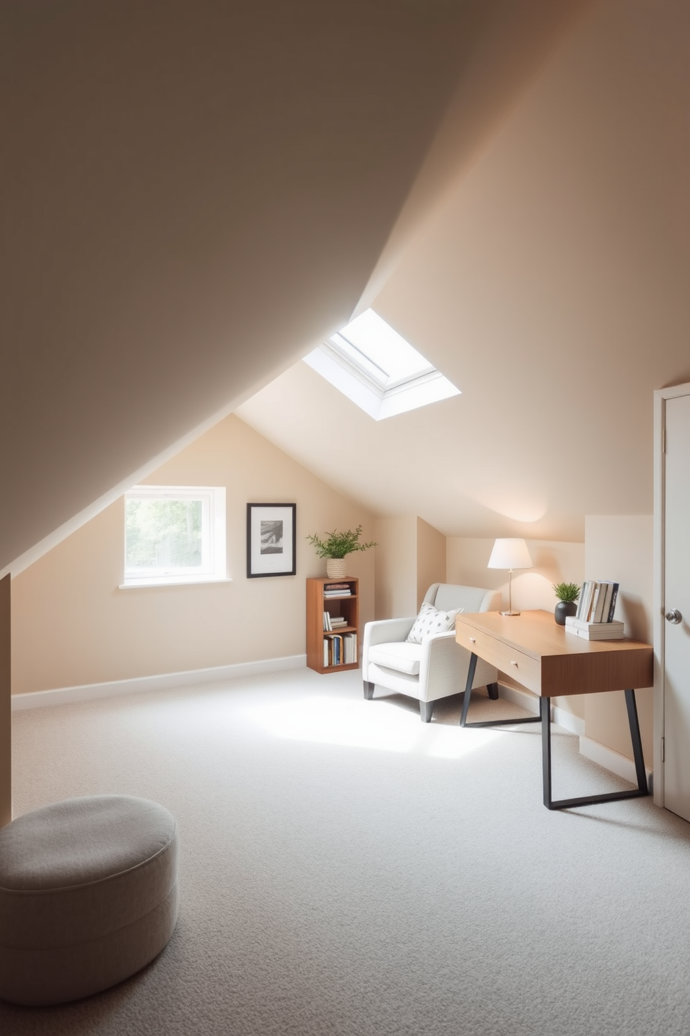 A serene attic office designed with a neutral color palette to create a calm ambiance. The walls are painted in soft beige, complemented by a light gray carpet that adds warmth to the space. A sleek wooden desk sits against the sloped ceiling, adorned with minimalistic decor. Natural light filters through a large skylight, illuminating a cozy reading nook with a plush armchair and a small bookshelf.