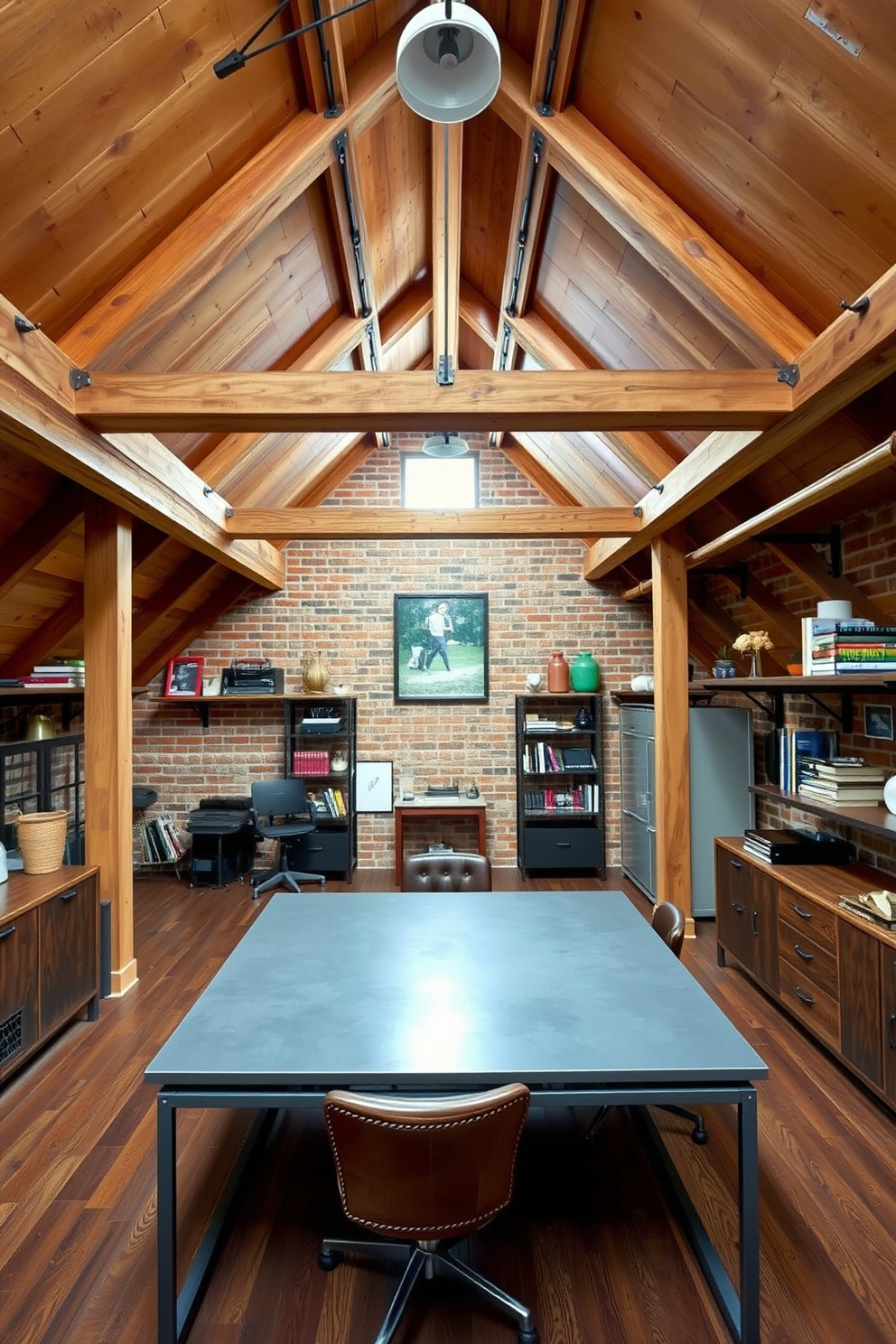 A spacious attic office with industrial style elements. The room features exposed wooden beams and a brick wall, complemented by metal accents throughout the space. A large metal desk sits in the center, paired with a vintage leather chair. Shelves made of reclaimed wood and metal brackets display books and decorative items, adding character to the room.