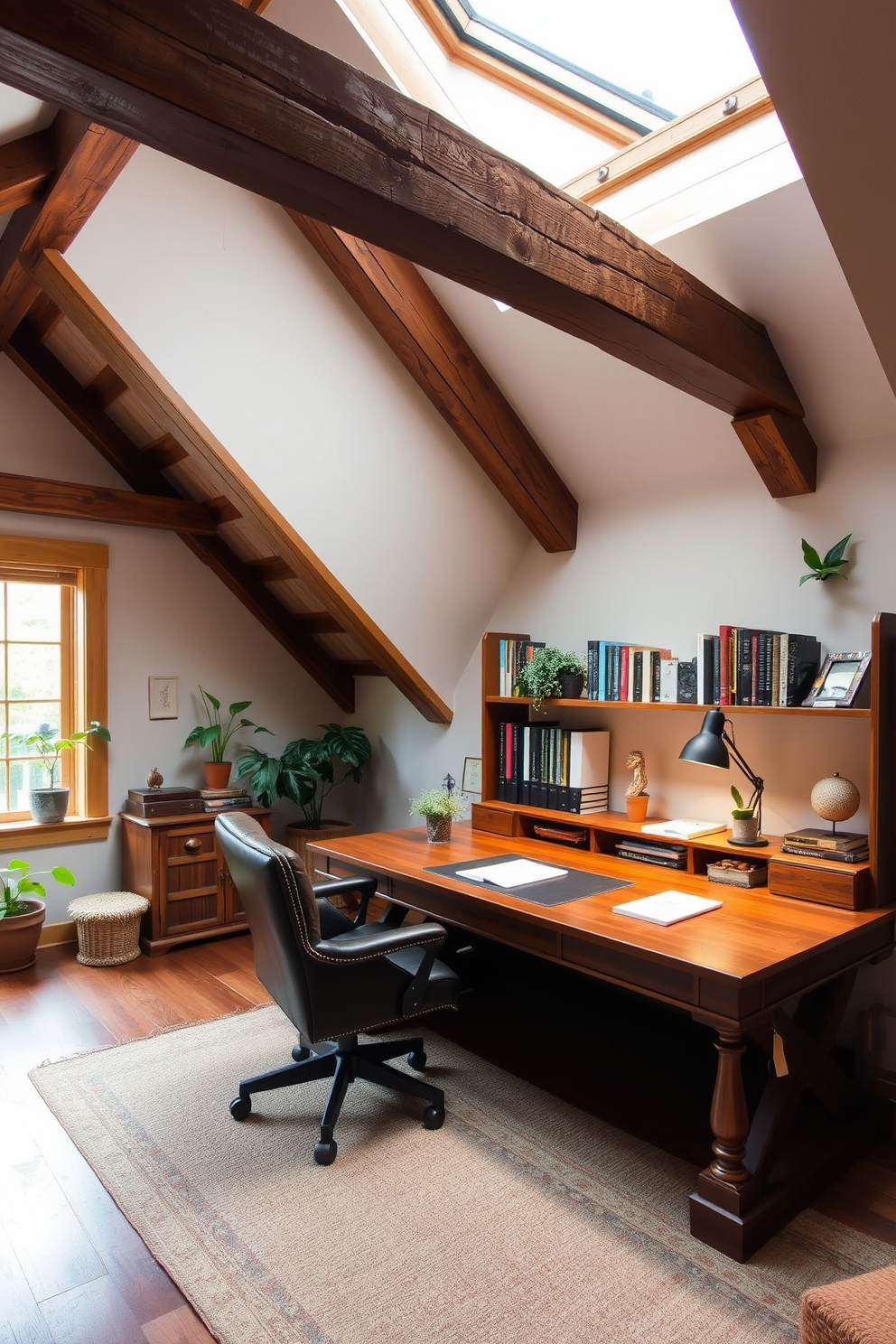 A cozy attic office with rustic wood beams exposed to add character and warmth. The space features a large wooden desk positioned under a skylight, with a comfortable leather chair and shelves filled with books and plants.