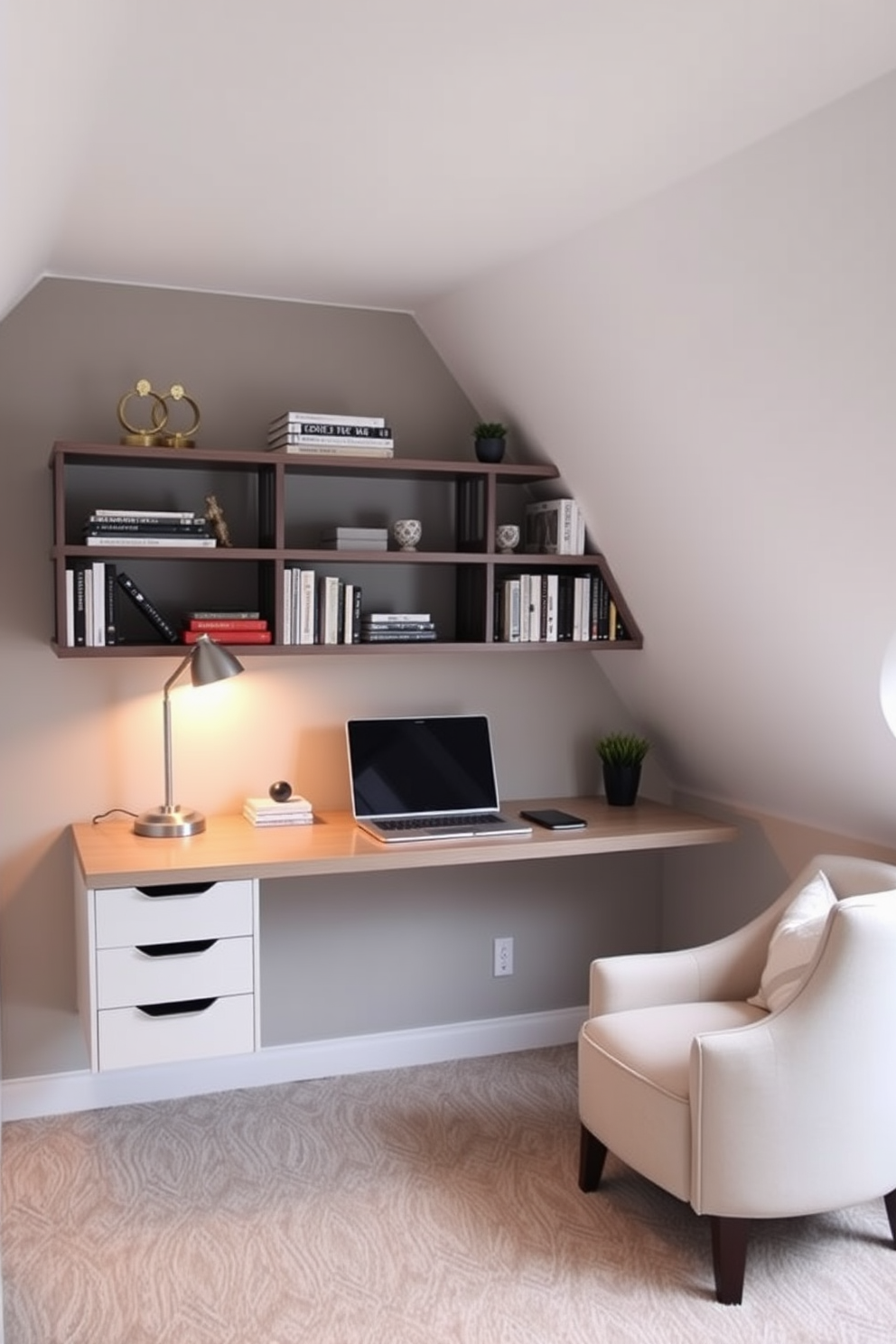 A stylish attic office features a wall-mounted desk that maximizes space while maintaining a clean aesthetic. Above the desk, floating shelves display books and decorative items, complemented by a cozy reading nook in the corner with a plush armchair and soft lighting.