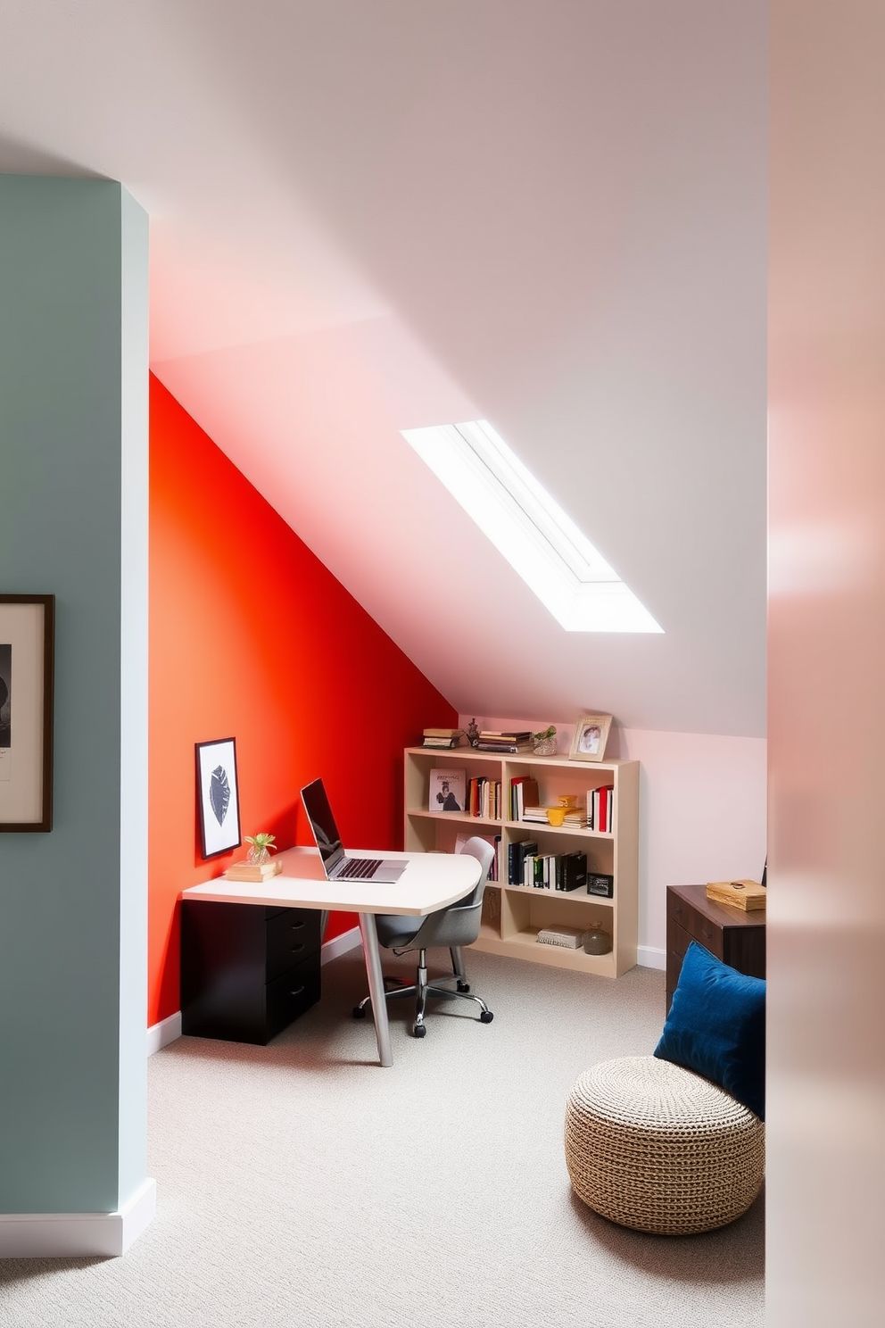 A bright accent wall in a home office creates a focal point that energizes the space. The wall is painted in a vibrant hue, contrasting with the neutral tones of the surrounding walls and furniture. In the attic, a cozy office nook is designed with sloped ceilings and skylights that allow natural light to flood the area. A sleek desk is positioned under the window, accompanied by a comfortable chair and shelves filled with books and decorative items.