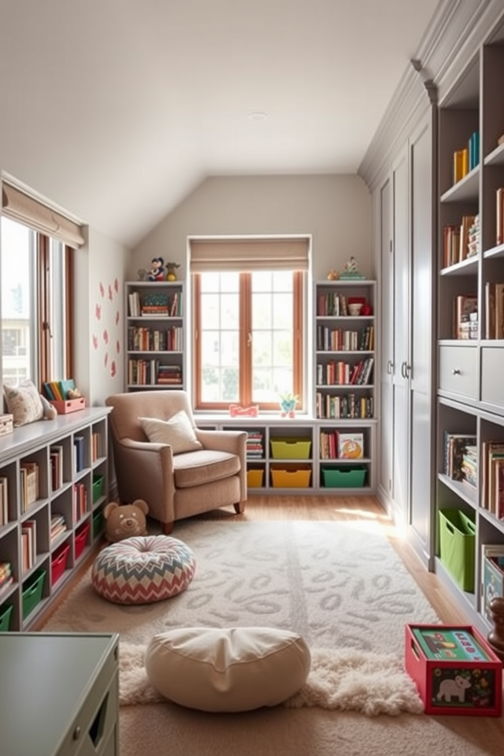 Cozy reading nook with soft cushions. A comfortable armchair is positioned next to a large window, allowing natural light to fill the space. Surrounded by plush throw pillows and a warm knitted blanket, the nook invites relaxation. A small side table holds a stack of books and a steaming cup of tea, creating the perfect atmosphere for a quiet afternoon. Attic playroom design ideas. The space features colorful wall decals and a soft area rug that adds warmth underfoot. Brightly colored storage bins are neatly arranged to keep toys organized, while a cozy bean bag chair offers a fun seating option. A small table is set up for arts and crafts, encouraging creativity and play.