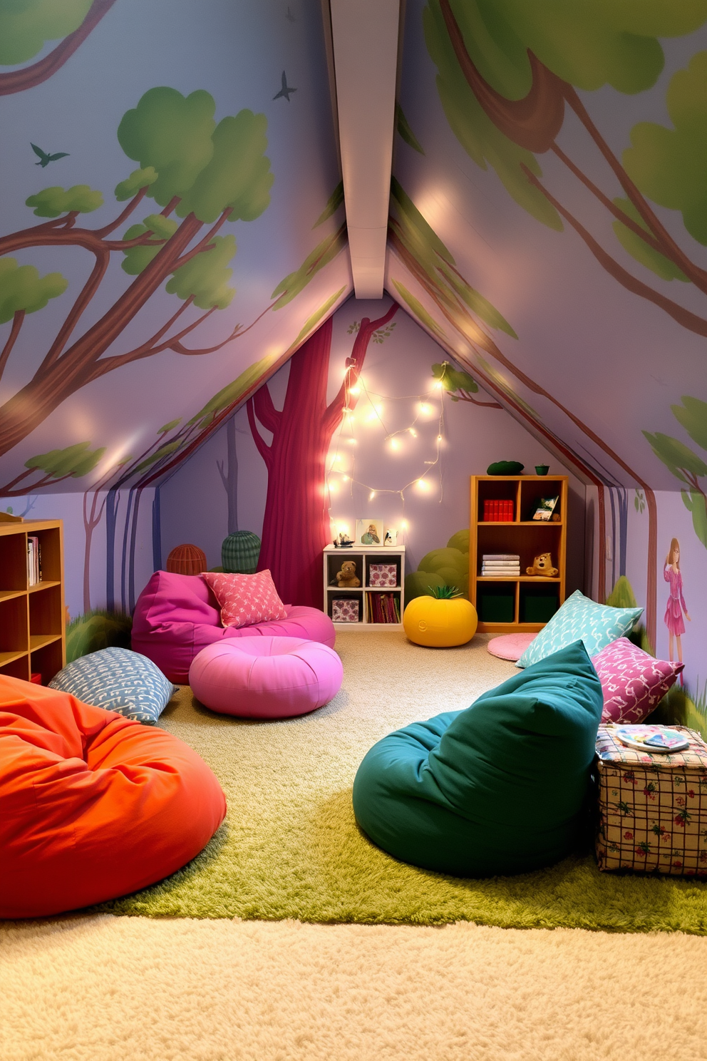 A whimsical themed dress-up area designed for children. The space features a colorful backdrop with a variety of costumes hanging on hooks, and a large mirror for kids to admire their outfits. An attic playroom filled with creativity and fun. The room includes cozy seating, vibrant rugs, and shelves stocked with toys and games, all under sloped ceilings adorned with fairy lights.