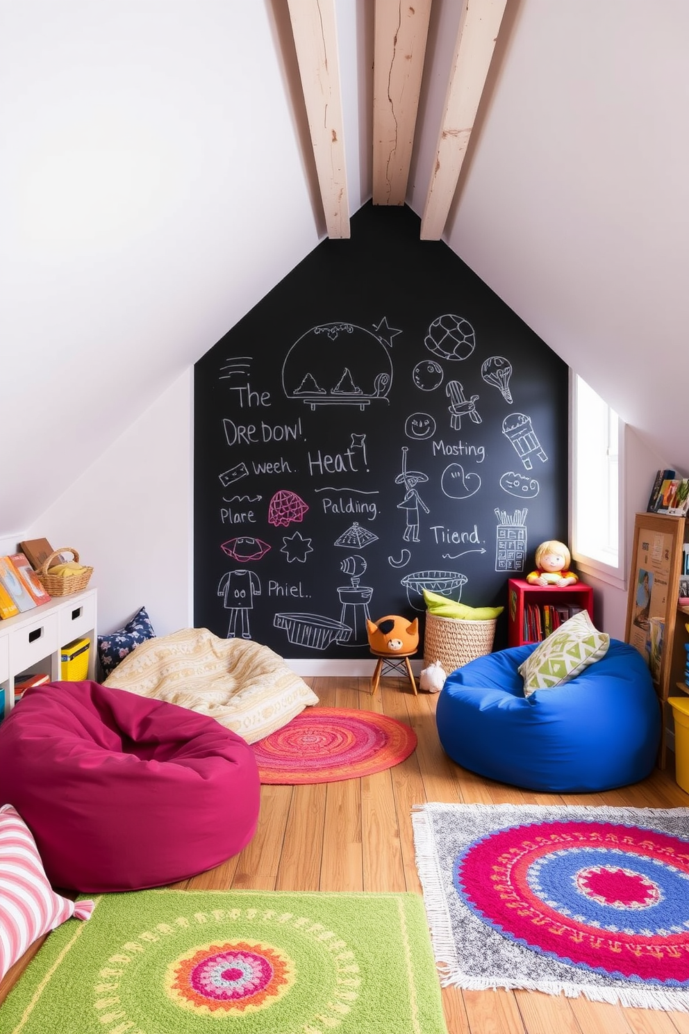 A vibrant attic playroom features an interactive chalkboard wall that invites creativity and imagination. Colorful bean bags and plush rugs create a cozy seating area for children to relax and play. The space is illuminated by soft, natural light filtering through skylights, enhancing the cheerful atmosphere. Fun, whimsical decor elements like hanging paper lanterns and playful wall art add personality to the room.