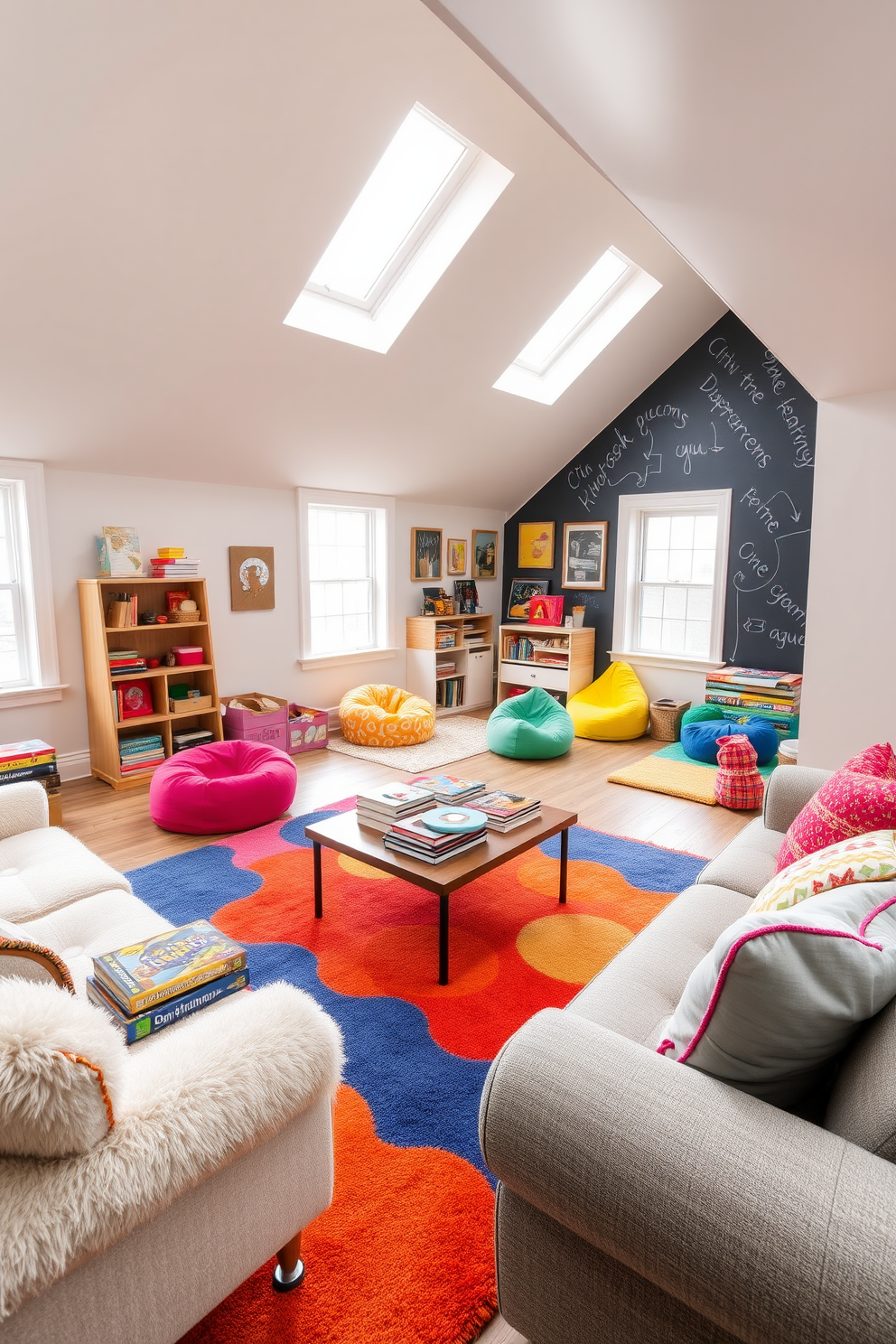 A cozy puzzle and game area featuring plush bean bags and a large sectional sofa arranged around a low coffee table. The walls are adorned with colorful artwork and shelves filled with board games and puzzles, creating an inviting atmosphere for family fun. An attic playroom designed with soft, ambient lighting and a playful color scheme of pastel blues and pinks. The space includes a small reading nook with a cushioned window seat and a variety of toys neatly organized in bins, making it a perfect retreat for children.