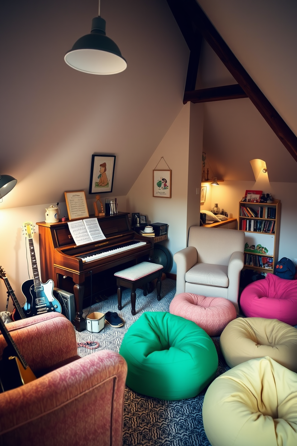 A nature-inspired play area filled with vibrant plants and natural light. Soft green rugs cover the floor, while wooden shelves display an array of toys and books surrounded by potted ferns and hanging ivy. An attic playroom designed with cozy nooks and whimsical decor. The walls are painted in a soft pastel hue, and a large window allows sunlight to stream in, illuminating a reading corner with bean bags and a small table for arts and crafts.