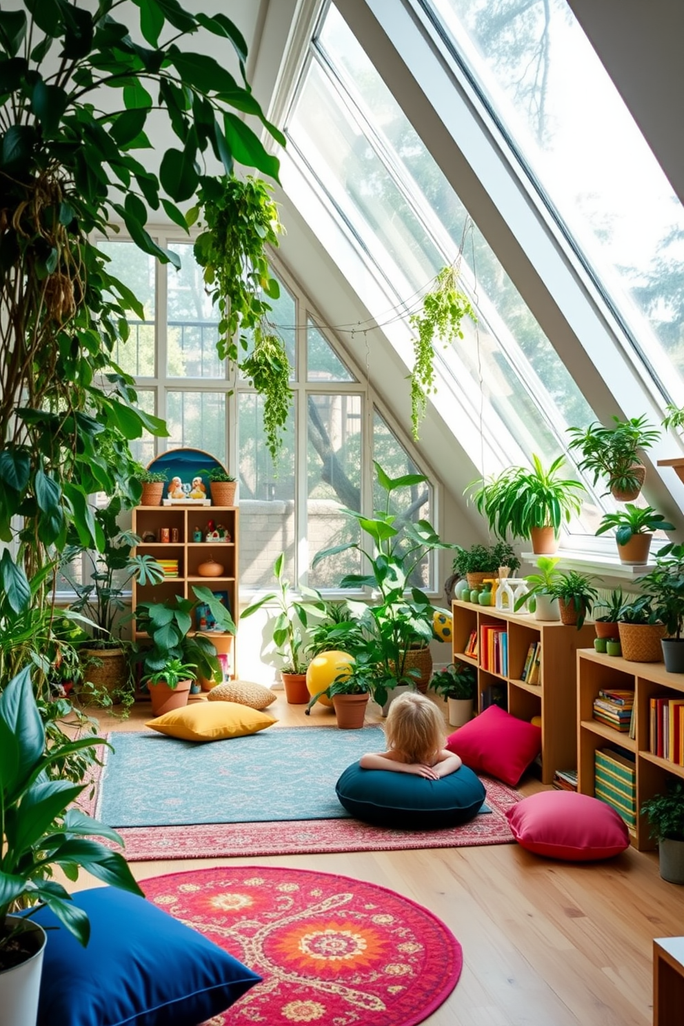 A playful attic playroom filled with large colorful building blocks. The space features soft, plush rugs for comfort and a cozy reading nook with bean bags and shelves filled with books.