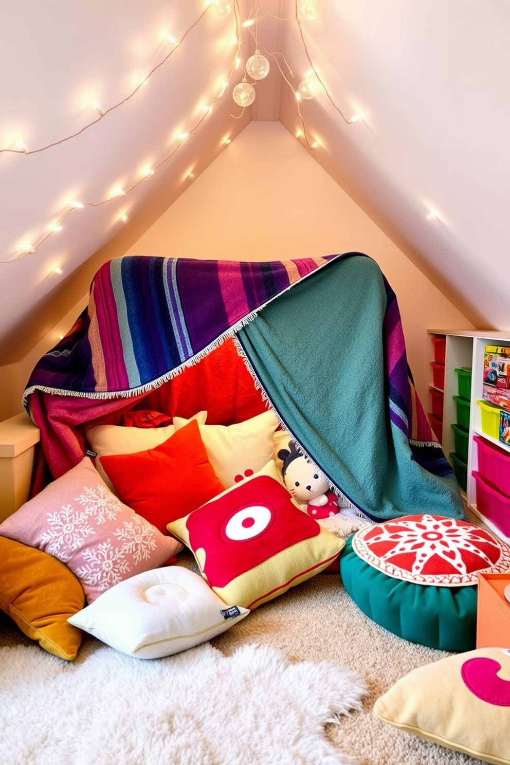 A cozy fort building space filled with colorful blankets and plush pillows creates an inviting atmosphere for children. The area is surrounded by soft lighting and whimsical decor, encouraging imaginative play and relaxation. The attic playroom is designed with a playful aesthetic, featuring a mix of bright colors and comfortable furniture. Large windows allow natural light to flood the space, while fun storage solutions keep toys organized and accessible.