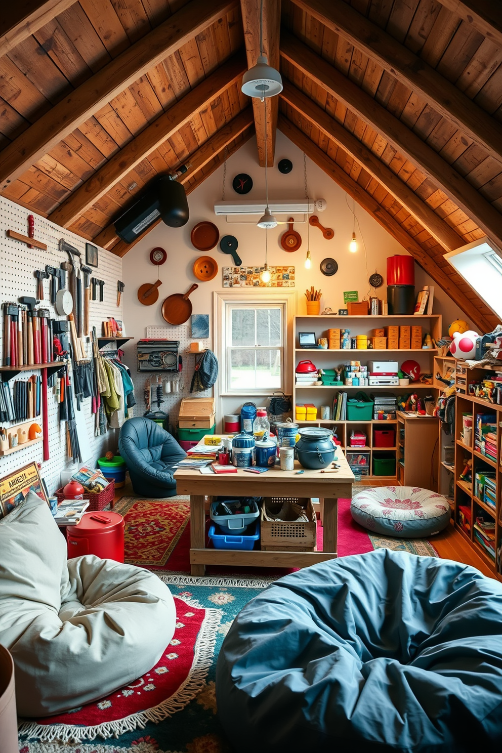 A whimsical attic playroom filled with colorful rugs and plush seating areas. There are shelves lined with books and toys, creating a cozy nook for imaginative play and storytelling. Large windows allow natural light to flood the space, enhancing the cheerful atmosphere. The walls are painted in soft pastel colors, adorned with playful murals that inspire creativity.