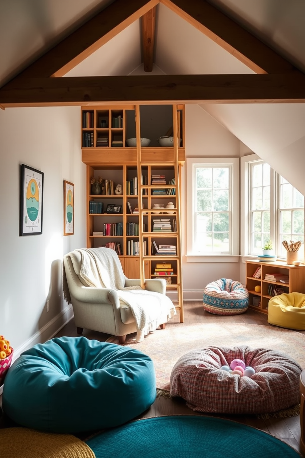 A vibrant attic playroom filled with creativity and fun. The walls are adorned with a colorful mural featuring whimsical characters and playful patterns that inspire imagination. Cozy seating areas with bean bags and oversized cushions are scattered throughout the space. Natural light floods in through skylights, creating a warm and inviting atmosphere for play and relaxation.