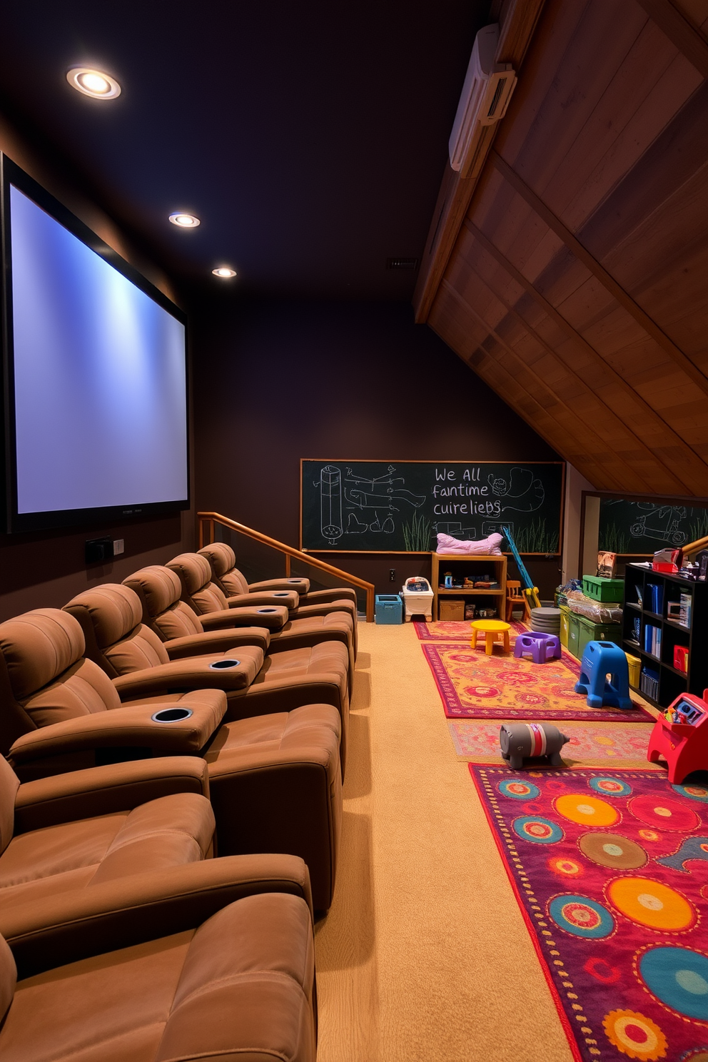 A cozy mini movie theater featuring a large projector screen mounted on the wall. Plush black recliner chairs are arranged in a staggered formation, with soft ambient lighting illuminating the space. An inviting attic playroom filled with colorful bean bags and a whimsical playhouse in the corner. The walls are adorned with playful murals, and large windows let in natural light, creating a cheerful atmosphere.